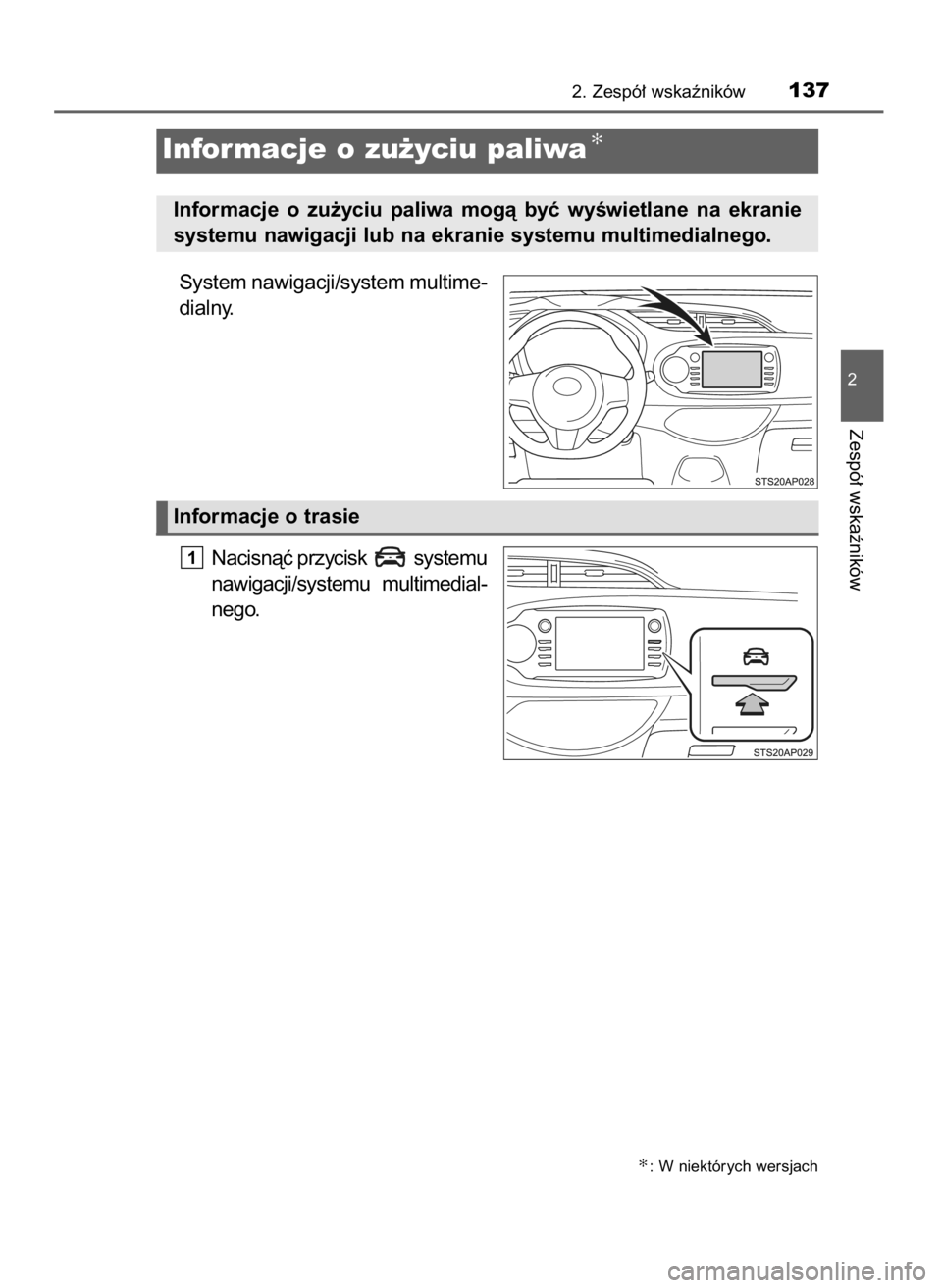 TOYOTA YARIS 2020  Instrukcja obsługi (in Polish) System nawigacji/system multime-
dialny.
Nacisnàç przycisk  systemu
nawigacji/systemu  multimedial-
nego.
1
2. Zespó∏ wskaêników137
2
Zespó∏ wskaêników
Informacje o zu˝yciu paliwa✻
Info