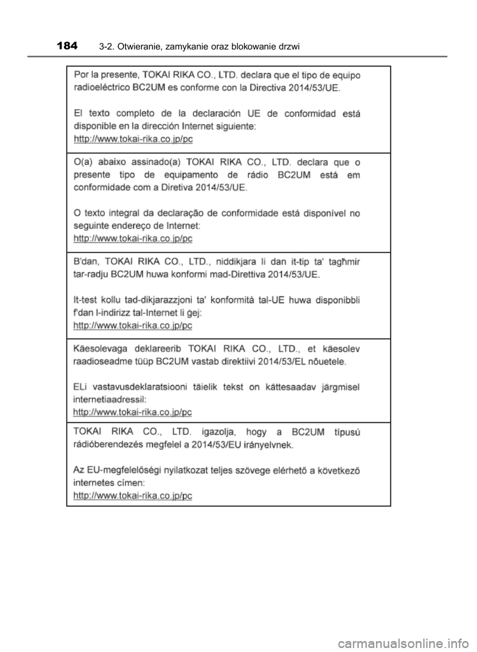 TOYOTA YARIS 2020  Instrukcja obsługi (in Polish) 1843-2. Otwieranie, zamykanie oraz blokowanie drzwi
10 YARIS OM52A54E  8/4/19  11:06  Page 184    (Black plate) 
