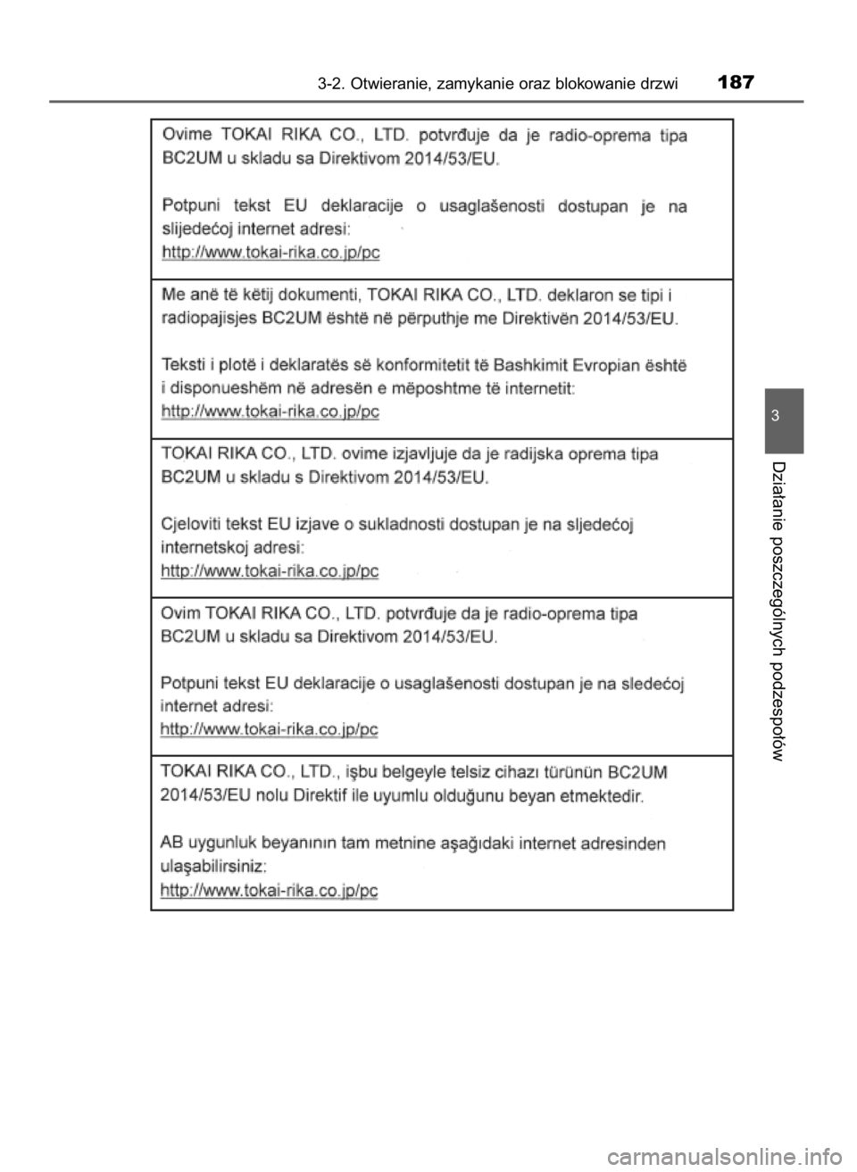 TOYOTA YARIS 2020  Instrukcja obsługi (in Polish) 3-2. Otwieranie, zamykanie oraz blokowanie drzwi187
3
Dzia∏anie poszczególnych podzespo∏ów
10 YARIS OM52A54E  8/4/19  11:06  Page 187    (Black plate) 