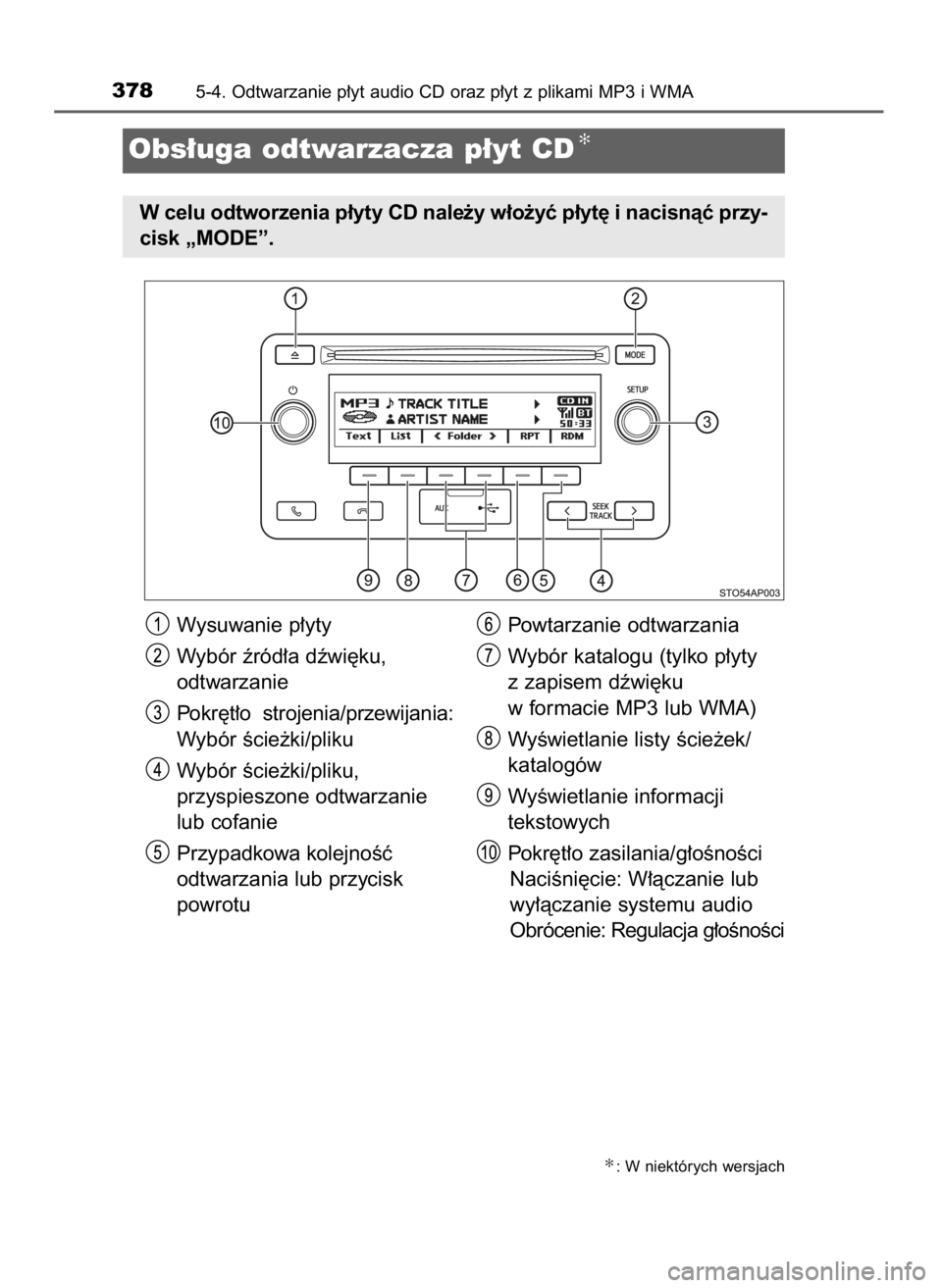 TOYOTA YARIS 2020  Instrukcja obsługi (in Polish) 3785-4. Odtwarzanie p∏yt audio CD oraz p∏yt z plikami MP3 i WMA
Obs∏uga odtwarzacza p∏yt CD✻
W celu odtworzenia p∏yty CD nale˝y w∏o˝yç p∏yt´ i nacisnàç przy-
cisk „MODE”.
✻