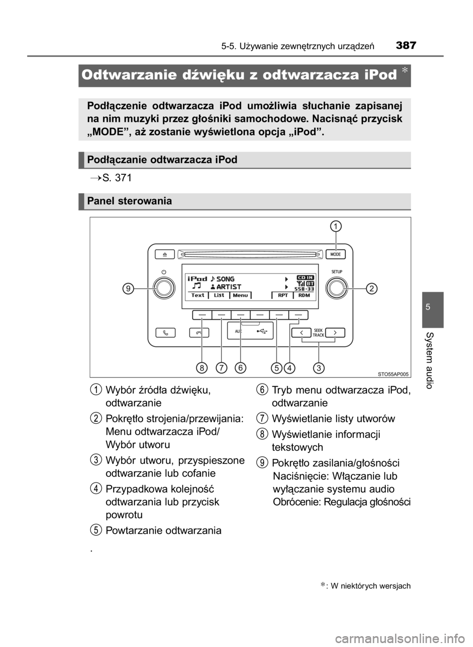 TOYOTA YARIS 2020  Instrukcja obsługi (in Polish) S. 371
5-5. U˝ywanie zewn´trznych urzàdzeƒ387
5
System audio
Odtwarzanie dêwi´ku z odtwarzacza iPod ✻
Pod∏àczenie  odtwarzacza  iPod  umo˝liwia  s∏uchanie  zapisanej
na nim muzyki przez