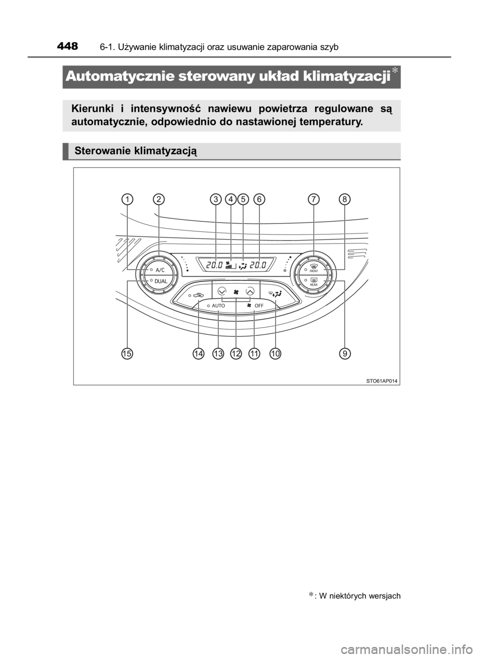 TOYOTA YARIS 2020  Instrukcja obsługi (in Polish) 4486-1. U˝ywanie klimatyzacji oraz usuwanie zaparowania szyb
Automatycznie sterowany uk∏ad klimatyzacji✻
Kierunki  i intensywnoÊç  nawiewu  powietrza  regulowane  sà
automatycznie, odpowiednio