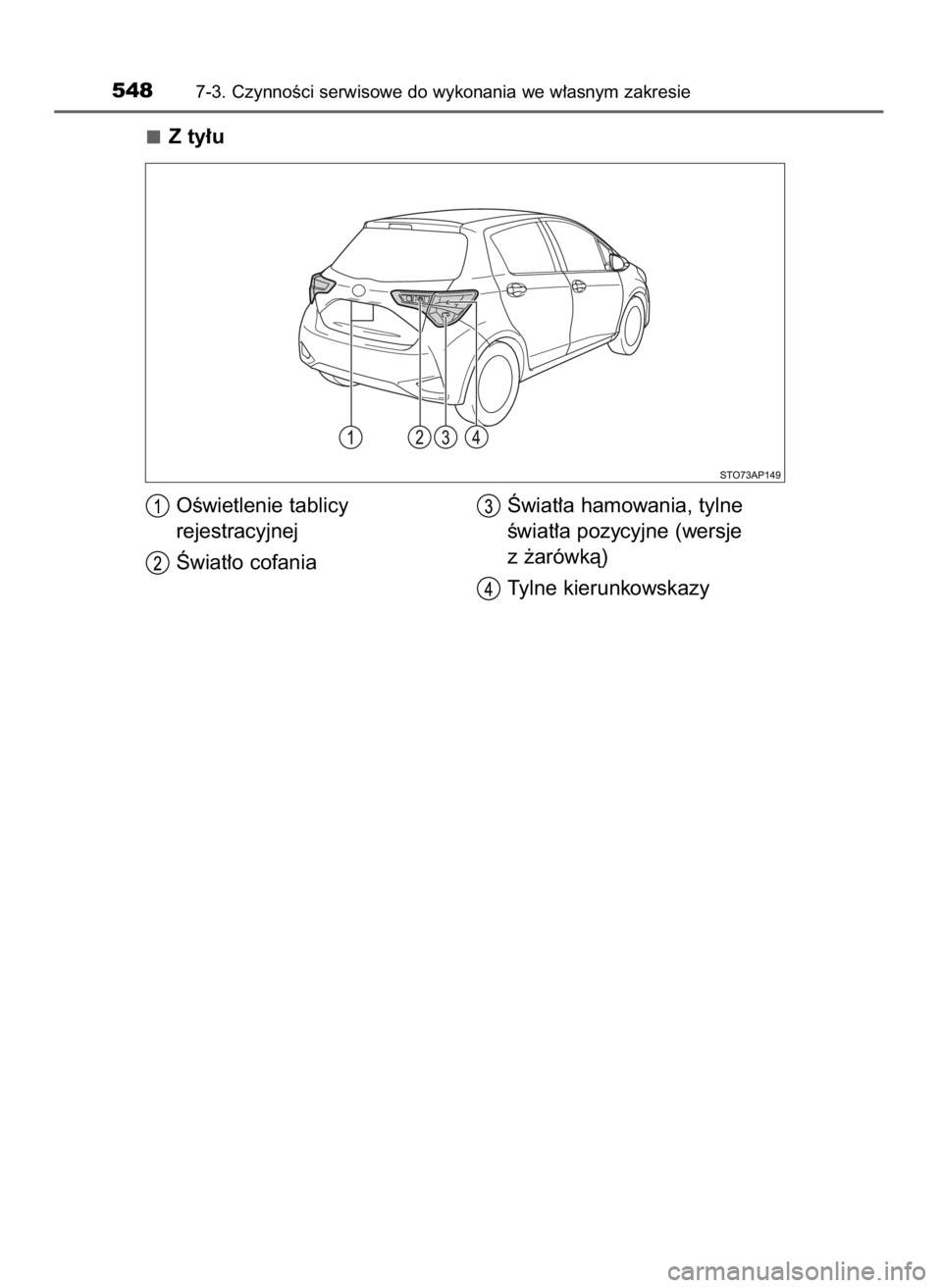 TOYOTA YARIS 2020  Instrukcja obsługi (in Polish) Z ty∏u
5487-3. CzynnoÊci serwisowe do wykonania we w∏asnym zakresie
OÊwietlenie tablicy 
rejestracyjnej
Âwiat∏o cofaniaÂwiat∏a hamowania, tylne
Êwiat∏a pozycyjne (wersje
z ˝arówkà)
T
