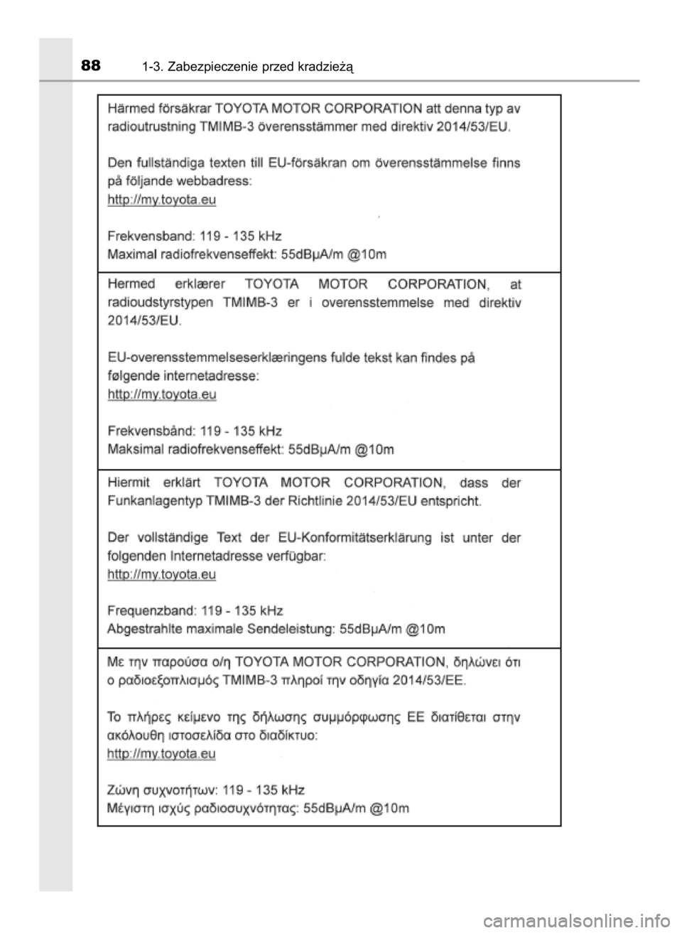 TOYOTA YARIS 2020  Instrukcja obsługi (in Polish) 881-3. Zabezpieczenie przed kradzie˝à
10 YARIS OM52A54E  8/4/19  11:05  Page 88    (Black plate) 