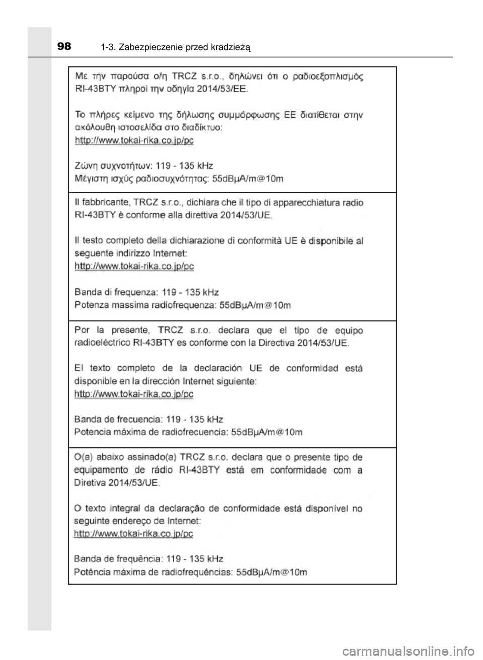 TOYOTA YARIS 2020 Instrukcja obsługi (in Polish) 981-3. Zabezpieczenie przed kradzie˝à
10 YARIS OM52A54E 8/4/19 11:05 Page 98 (Black plate) TOYOTA YARIS 2020 Instrukcja obsługi (in Polish) 981-3. Zabezpieczenie przed kradzie˝à
10 YARIS OM52A54E 8/4/19 11:05 Page 98 (Black plate)