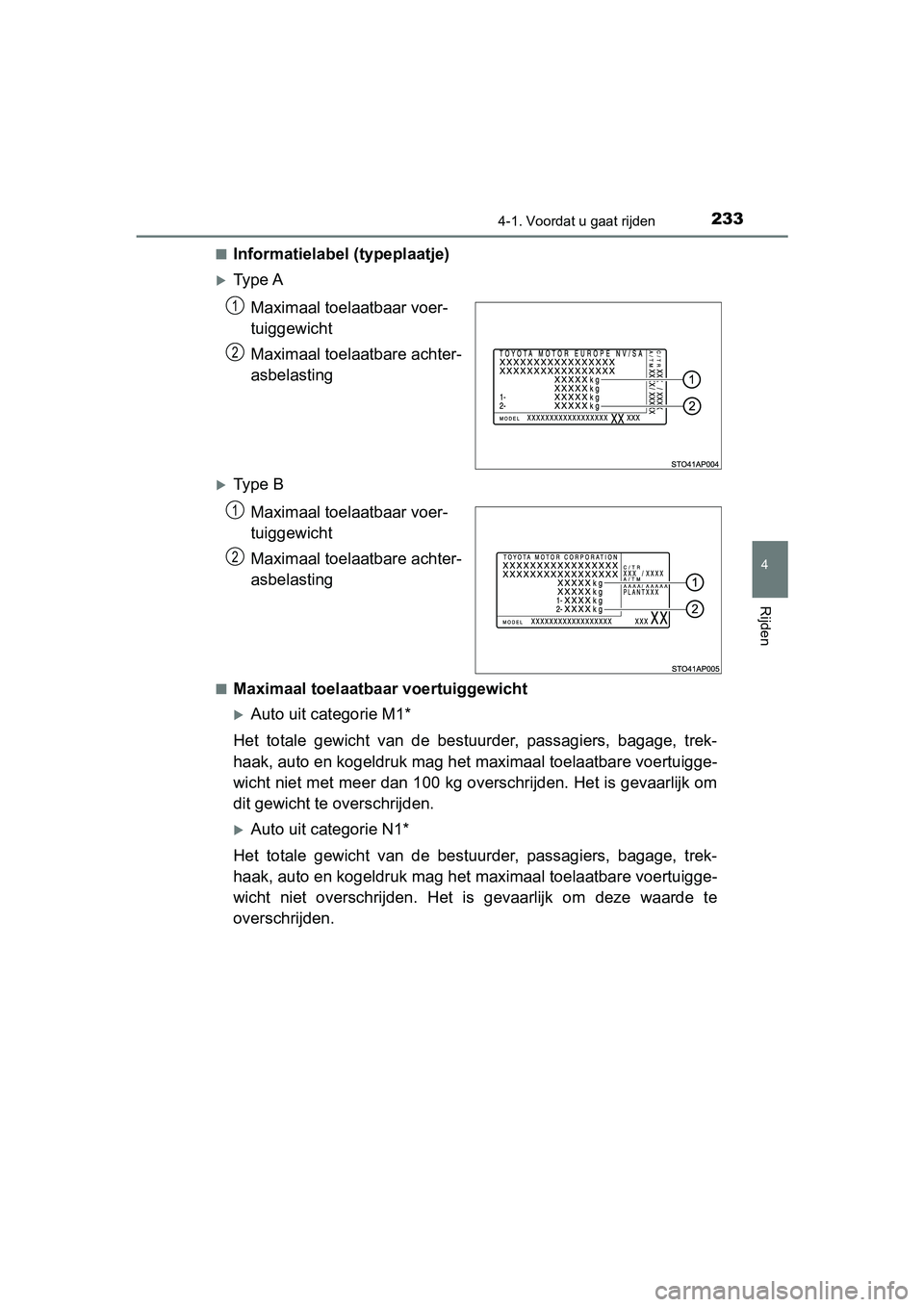 TOYOTA YARIS 2020 Instructieboekje (in Dutch) 2334-1. Voordat u gaat rijden
4
Rijden
YARIS_F_OM_Europe_OM52A54E■
Informatielabel (typeplaatje)
Ty p e A
Maximaal toelaatbaar voer-
tuiggewicht
Maximaal toelaatbare achter-
asbelasting
Ty p TOYOTA YARIS 2020 Instructieboekje (in Dutch) 2334-1. Voordat u gaat rijden
4
Rijden
YARIS_F_OM_Europe_OM52A54E■
Informatielabel (typeplaatje)
Ty p e A
Maximaal toelaatbaar voer-
tuiggewicht
Maximaal toelaatbare achter-
asbelasting
Ty p