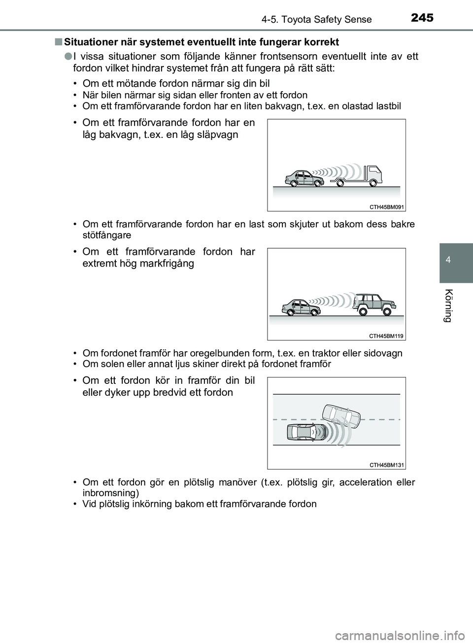 TOYOTA YARIS 2020 Bruksanvisningar (in Swedish) 2454-5. Toyota Safety Sense
4
Körning
OM52A54SEn
Situationer när systemet eventu ellt inte fungerar korrekt
l I vissa situationer som följande känner frontsensorn eventuellt inte av ett
fordon vil TOYOTA YARIS 2020 Bruksanvisningar (in Swedish) 2454-5. Toyota Safety Sense
4
Körning
OM52A54SEn
Situationer när systemet eventu ellt inte fungerar korrekt
l I vissa situationer som följande känner frontsensorn eventuellt inte av ett
fordon vil