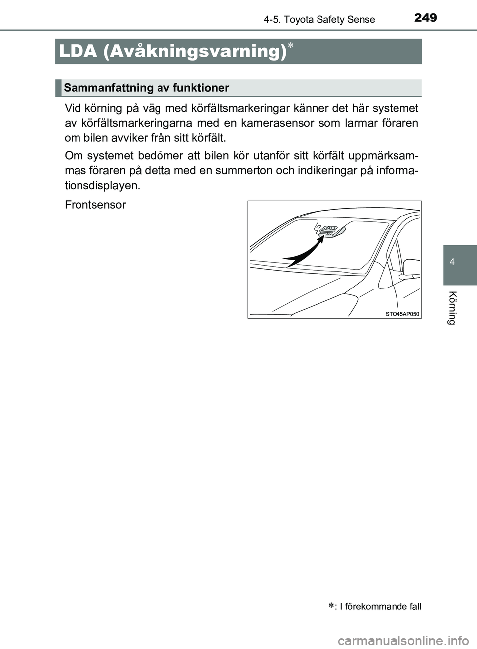 TOYOTA YARIS 2020 Bruksanvisningar (in Swedish) 249
4
4-5. Toyota Safety Sense
Körning
OM52A54SE
LDA (Avåkningsvarning)
Vid körning på väg med körfältsmarkeringar känner det här systemet
av körfältsmarkeringarna med en kamerasensor so TOYOTA YARIS 2020 Bruksanvisningar (in Swedish) 249
4
4-5. Toyota Safety Sense
Körning
OM52A54SE
LDA (Avåkningsvarning)
Vid körning på väg med körfältsmarkeringar känner det här systemet
av körfältsmarkeringarna med en kamerasensor so