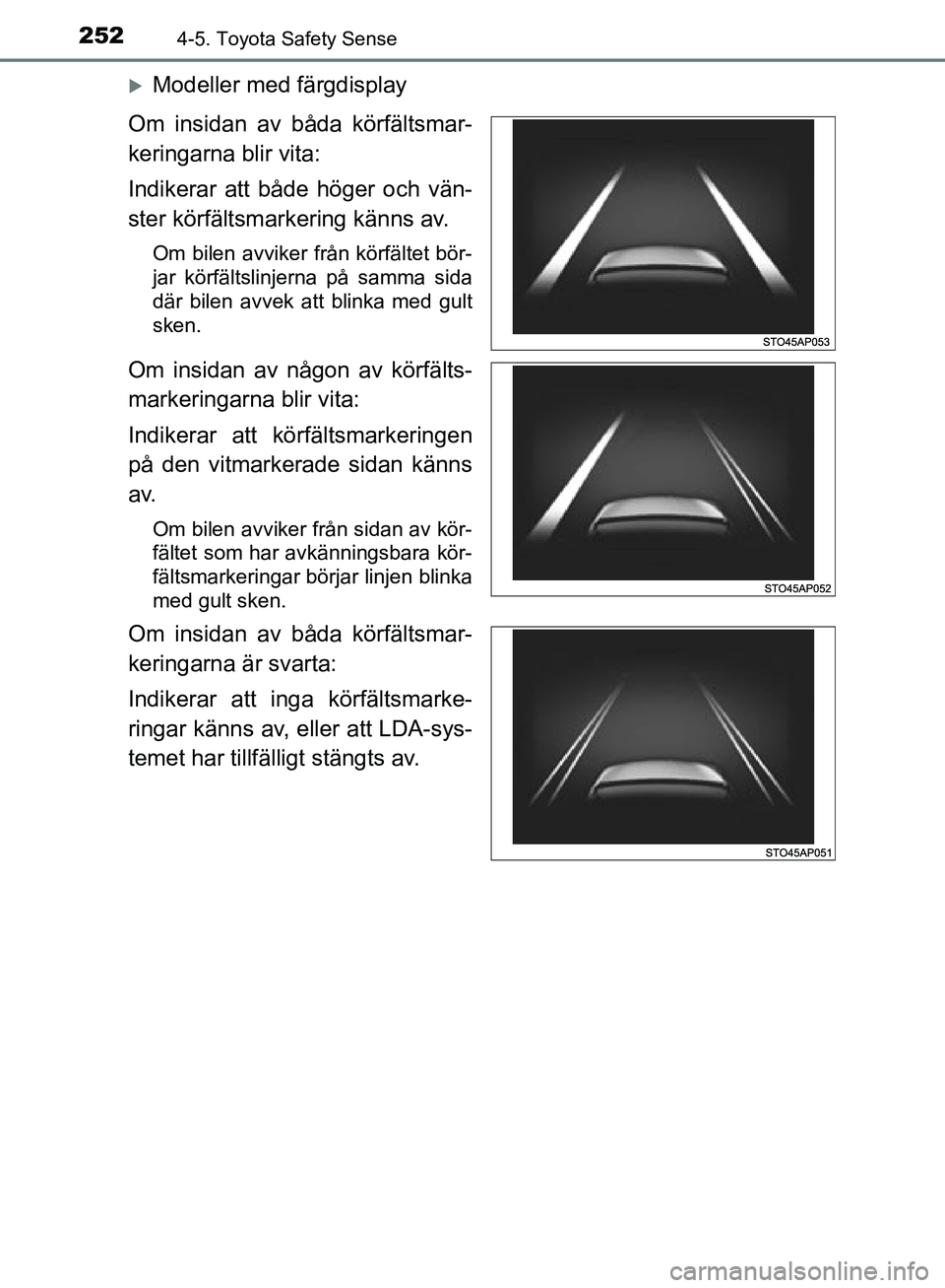 TOYOTA YARIS 2020  Bruksanvisningar (in Swedish) 2524-5. Toyota Safety Sense
OM52A54SE
Modeller med färgdisplay
Om insidan av båda körfältsmar-
keringarna blir vita:
Indikerar att både höger och vän-
ster körfältsmarkering känns av.
Om 
