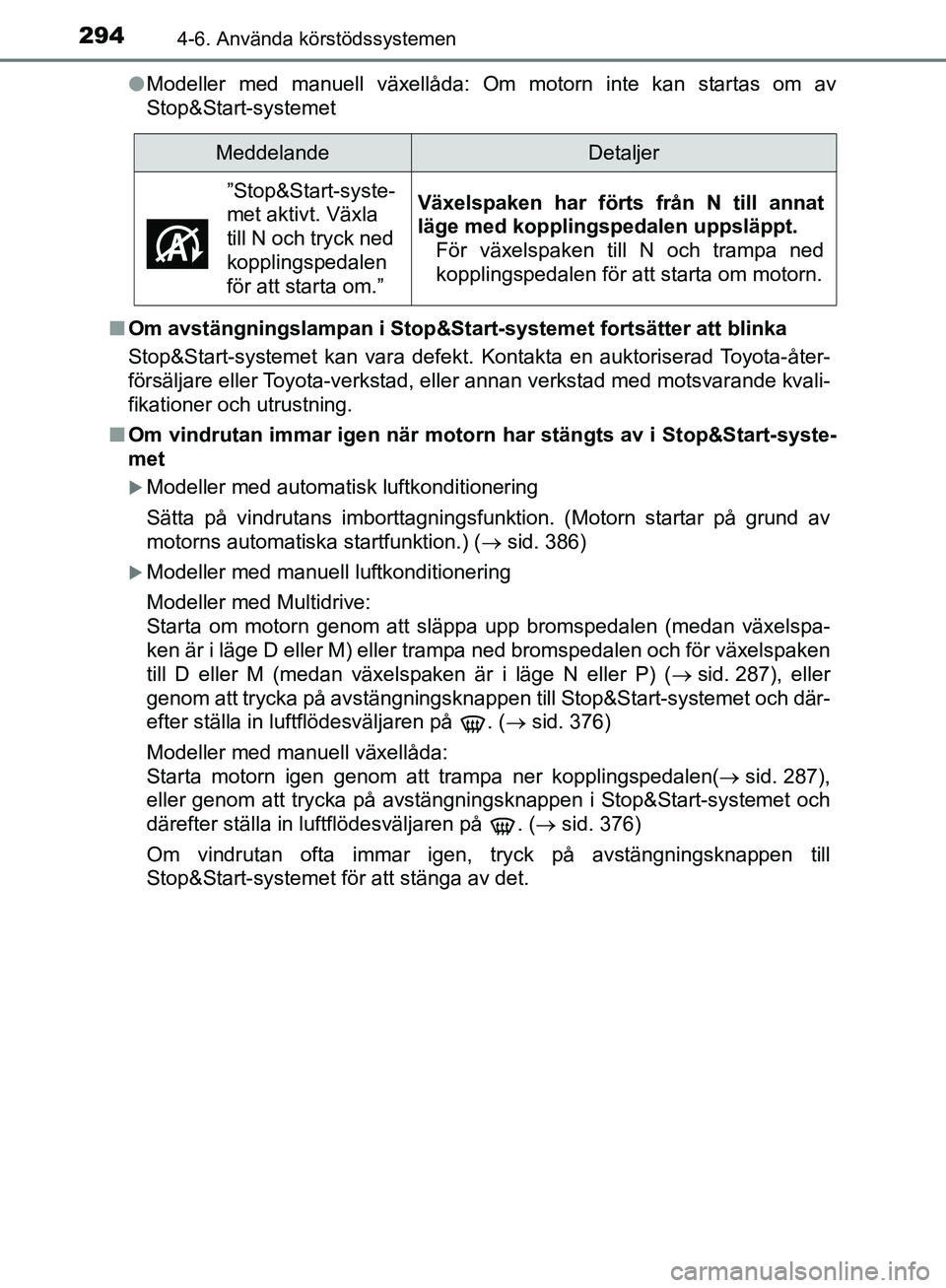 TOYOTA YARIS 2020  Bruksanvisningar (in Swedish) 2944-6. Använda körstödssystemen
OM52A54SEl
Modeller med manuell växellåda: Om motorn inte kan startas om av
Stop&Start-systemet
n Om avstängningslampan i Stop&Start-systemet fortsätter att bli