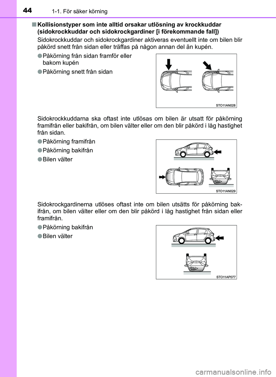 TOYOTA YARIS 2020  Bruksanvisningar (in Swedish) 441-1. För säker körning
OM52A54SEn
Kollisionstyper som inte alltid  orsakar utlösning av krockkuddar 
(sidokrockkuddar och sidokrockgar diner [i förekommande fall])
Sidokrockkuddar och sidokrock