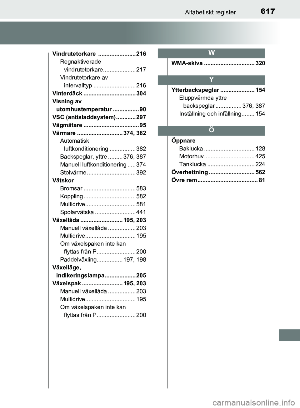 TOYOTA YARIS 2020 Bruksanvisningar (in Swedish) 617Alfabetiskt register
OM52A54SE
Vindrutetorkare ....................... 216Regnaktiverade
vindrutetorkare.................... 217
Vindrutetorkare av intervalltyp .......................... 216
Vin TOYOTA YARIS 2020 Bruksanvisningar (in Swedish) 617Alfabetiskt register
OM52A54SE
Vindrutetorkare ....................... 216Regnaktiverade
vindrutetorkare.................... 217
Vindrutetorkare av intervalltyp .......................... 216
Vin