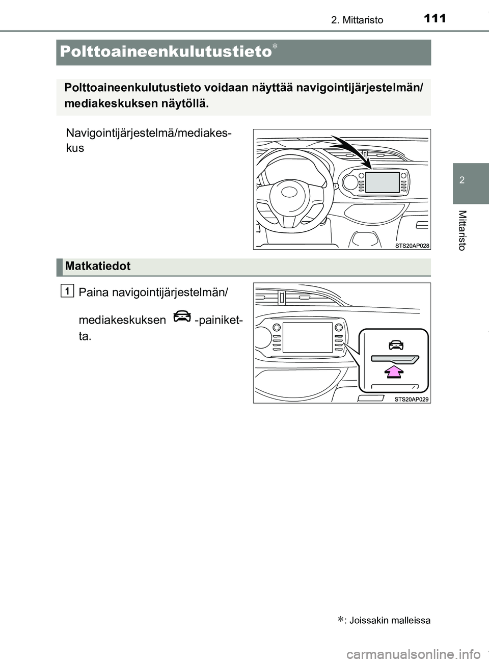 TOYOTA YARIS 2020 Manual de utilização (in Portuguese) 111
2
2. Mittaristo
Mittaristo
YARIS_F_OM_Europe_OM52A54FI
Polttoaineenkulutustieto∗
Navigointijärjestelmä/mediakes-
kusPaina navigointijärjestelmän/
mediakeskuksen -painiket-
ta.
∗: Joissakin TOYOTA YARIS 2020 Manual de utilização (in Portuguese) 111
2
2. Mittaristo
Mittaristo
YARIS_F_OM_Europe_OM52A54FI
Polttoaineenkulutustieto∗
Navigointijärjestelmä/mediakes-
kusPaina navigointijärjestelmän/
mediakeskuksen -painiket-
ta.
∗: Joissakin