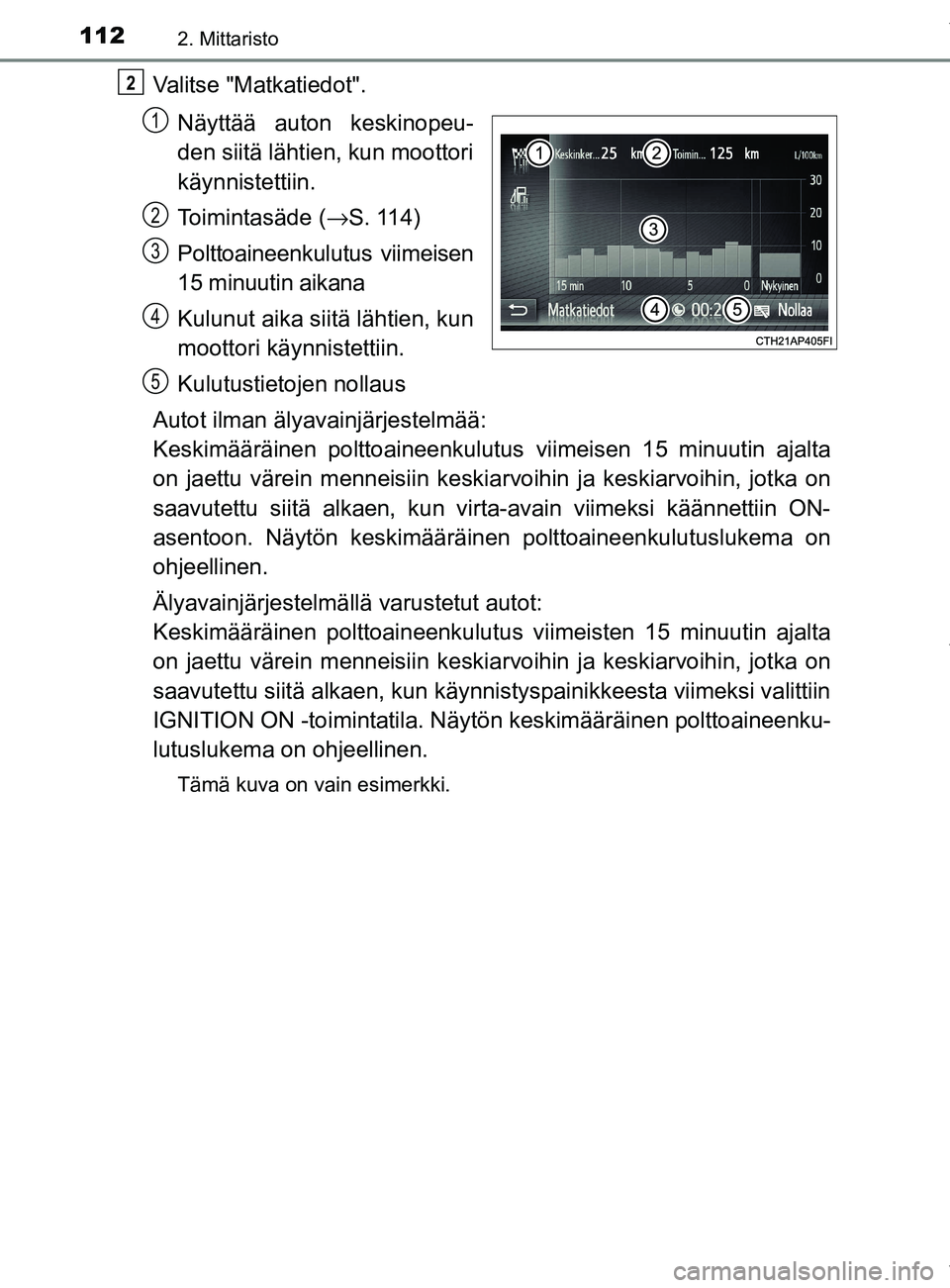 TOYOTA YARIS 2020 Manual de utilização (in Portuguese) 1122. Mittaristo
YARIS_F_OM_Europe_OM52A54FI
Valitse "Matkatiedot".Näyttää auton keskinopeu-
den siitä lähtien, kun moottori
käynnistettiin.
Toimintasäde ( →S. 114)
Polttoaineenkulutus viimei TOYOTA YARIS 2020 Manual de utilização (in Portuguese) 1122. Mittaristo
YARIS_F_OM_Europe_OM52A54FI
Valitse "Matkatiedot".Näyttää auton keskinopeu-
den siitä lähtien, kun moottori
käynnistettiin.
Toimintasäde ( →S. 114)
Polttoaineenkulutus viimei