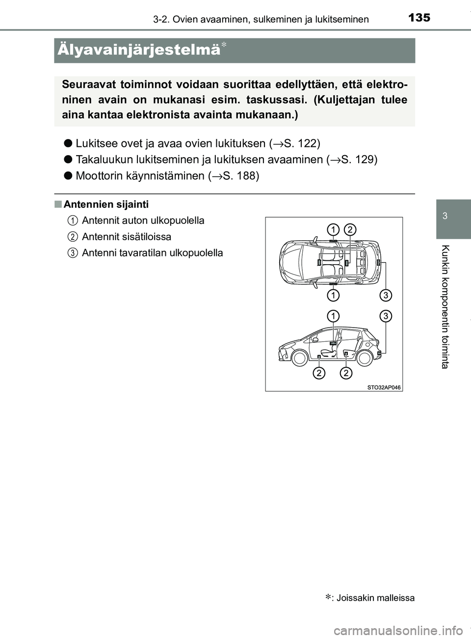 TOYOTA YARIS 2020 Manual de utilização (in Portuguese) 135
3
3-2. Ovien avaaminen, sulkeminen ja lukitseminen
Kunkin komponentin toiminta
YARIS_F_OM_Europe_OM52A54FI
Älyavainjärjestelmä∗
lLukitsee ovet ja avaa ovien lukituksen ( →S. 122)
l Takaluuk TOYOTA YARIS 2020 Manual de utilização (in Portuguese) 135
3
3-2. Ovien avaaminen, sulkeminen ja lukitseminen
Kunkin komponentin toiminta
YARIS_F_OM_Europe_OM52A54FI
Älyavainjärjestelmä∗
lLukitsee ovet ja avaa ovien lukituksen ( →S. 122)
l Takaluuk