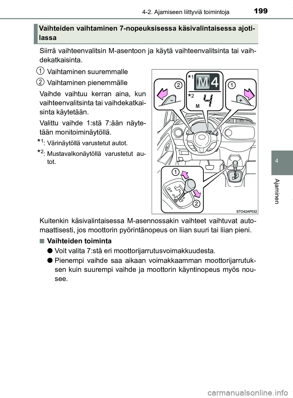 TOYOTA YARIS 2020 Manual de utilização (in Portuguese) 1994-2. Ajamiseen liittyviä toimintoja
4
Ajaminen
YARIS_F_OM_Europe_OM52A54FI
Siirrä vaihteenvalitsin M-asentoon ja käytä vaihteenvalitsinta tai vaih-
dekatkaisinta.
Vaihtaminen suuremmalle
Vaihta TOYOTA YARIS 2020 Manual de utilização (in Portuguese) 1994-2. Ajamiseen liittyviä toimintoja
4
Ajaminen
YARIS_F_OM_Europe_OM52A54FI
Siirrä vaihteenvalitsin M-asentoon ja käytä vaihteenvalitsinta tai vaih-
dekatkaisinta.
Vaihtaminen suuremmalle
Vaihta
