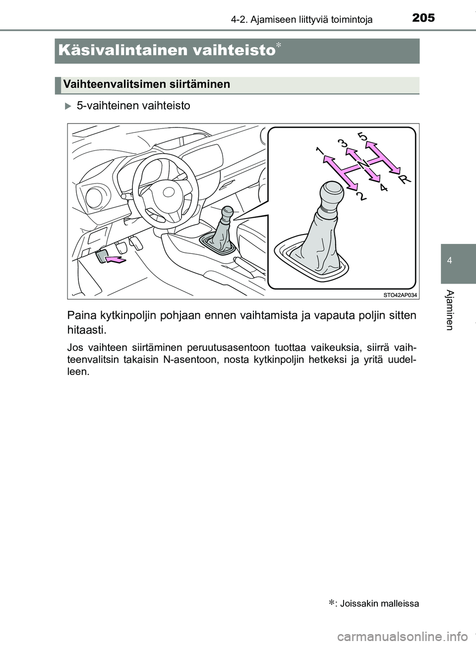 TOYOTA YARIS 2020 Manual de utilização (in Portuguese) 205
4
4-2. Ajamiseen liittyviä toimintoja
Ajaminen
YARIS_F_OM_Europe_OM52A54FI
Käsivalintainen vaihteisto∗
5-vaihteinen vaihteisto
Paina kytkinpoljin pohjaan ennen vaihtamista ja vapauta polji TOYOTA YARIS 2020 Manual de utilização (in Portuguese) 205
4
4-2. Ajamiseen liittyviä toimintoja
Ajaminen
YARIS_F_OM_Europe_OM52A54FI
Käsivalintainen vaihteisto∗
5-vaihteinen vaihteisto
Paina kytkinpoljin pohjaan ennen vaihtamista ja vapauta polji