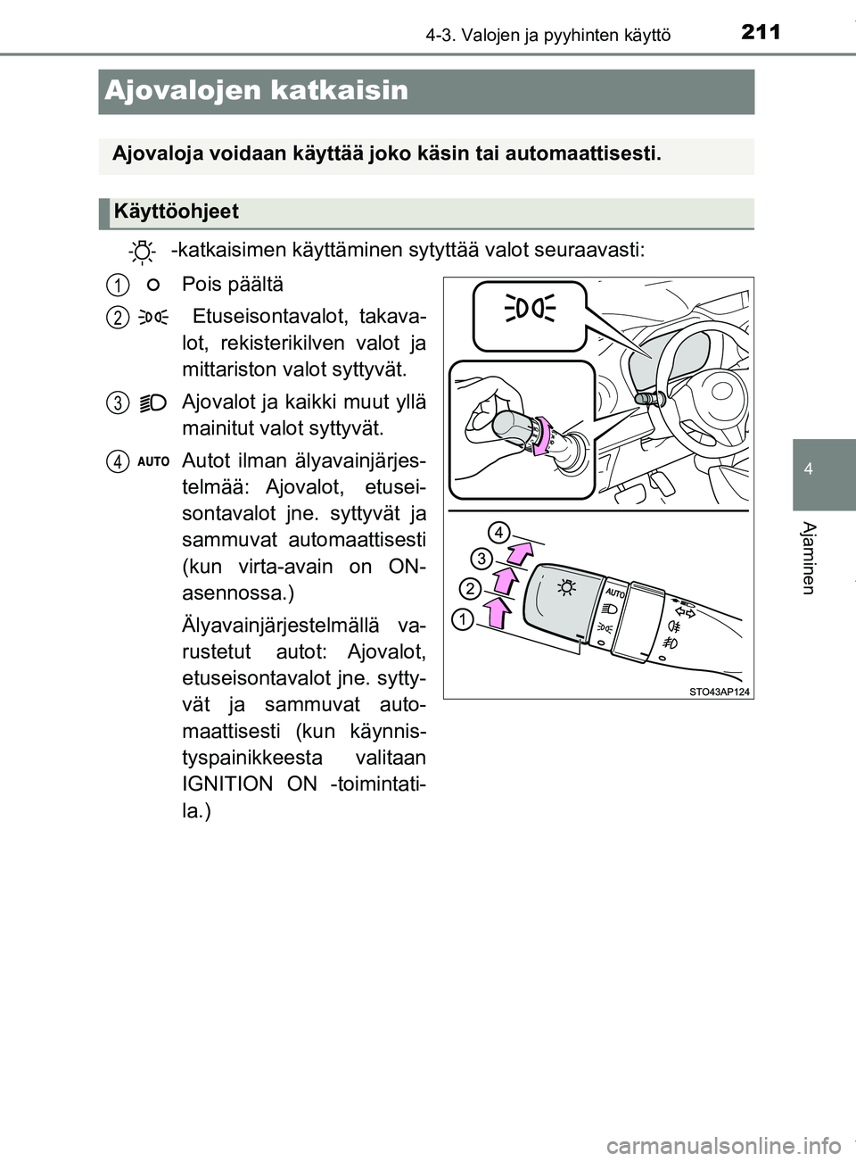 TOYOTA YARIS 2020 Manual de utilização (in Portuguese) 211
4
4-3. Valojen ja pyyhinten käyttö
Ajaminen
YARIS_F_OM_Europe_OM52A54FI
Ajovalojen katkaisin
-katkaisimen käyttäminen sytyttää valot seuraavasti:Pois päältä
Etuseisontavalot, takava-
lot TOYOTA YARIS 2020 Manual de utilização (in Portuguese) 211
4
4-3. Valojen ja pyyhinten käyttö
Ajaminen
YARIS_F_OM_Europe_OM52A54FI
Ajovalojen katkaisin
-katkaisimen käyttäminen sytyttää valot seuraavasti:Pois päältä
Etuseisontavalot, takava-
lot