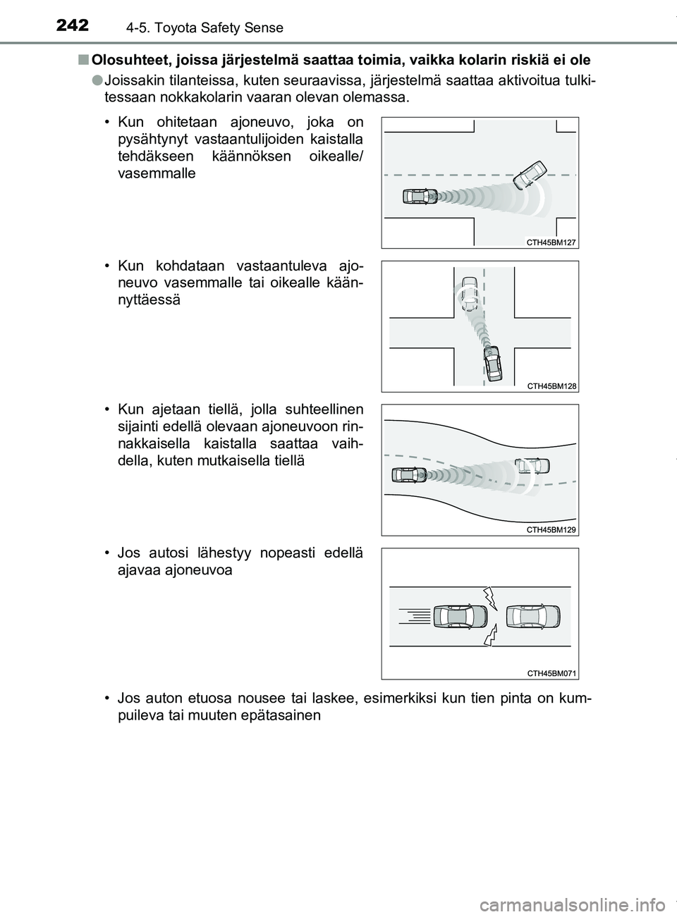 TOYOTA YARIS 2020  Manual de utilização (in Portuguese) 2424-5. Toyota Safety Sense
YARIS_F_OM_Europe_OM52A54FIn
Olosuhteet, joissa järjestelmä saattaa toimia, vaikka kolarin riskiä ei ole
lJoissakin tilanteissa, kuten seuraavissa, järjestelmä saattaa