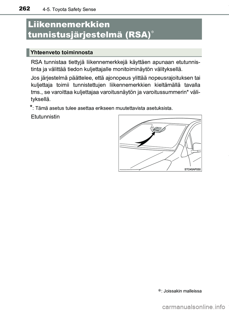 TOYOTA YARIS 2020  Manual de utilização (in Portuguese) 2624-5. Toyota Safety Sense
YARIS_F_OM_Europe_OM52A54FI
Liikennemerkkien 
tunnistusjärjestelmä (RSA)
∗
RSA tunnistaa tiettyjä liikennemerkkejä käyttäen apunaan etutunnis-
tinta ja välittää 