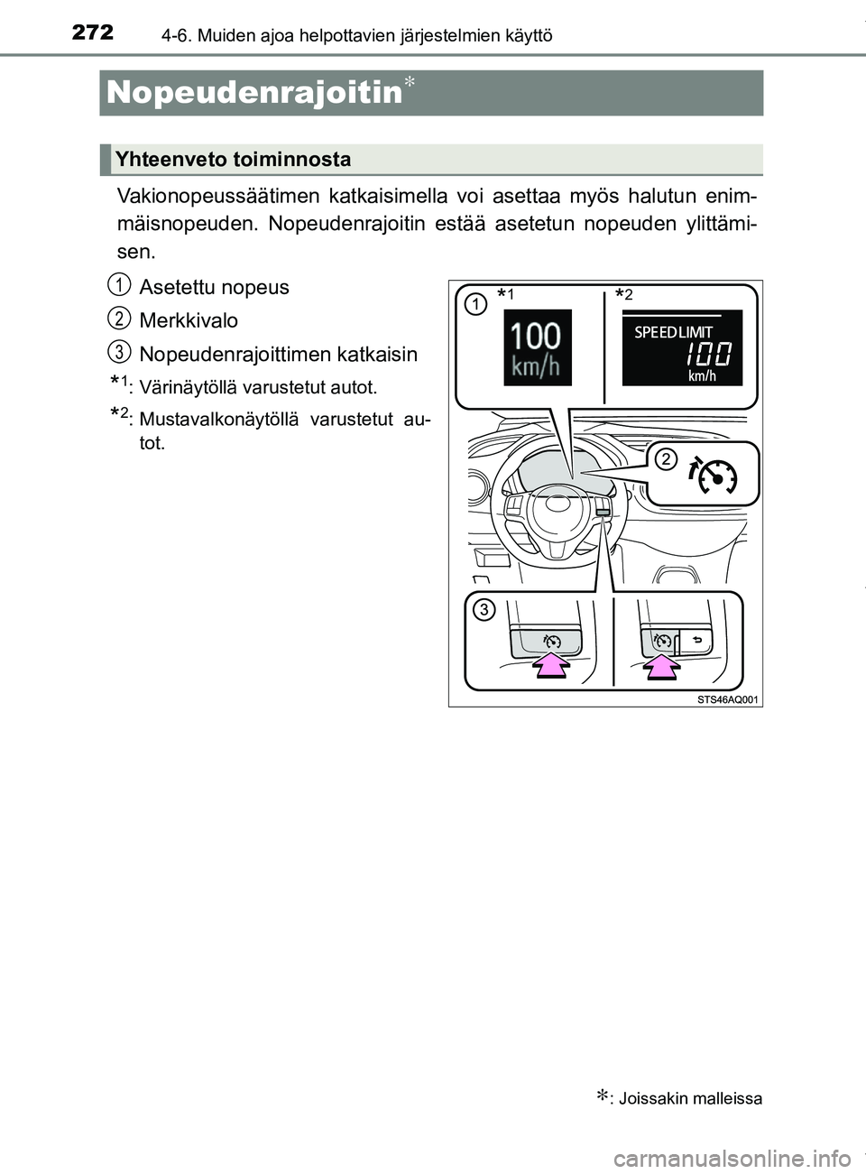 TOYOTA YARIS 2020 Manual de utilização (in Portuguese) 2724-6. Muiden ajoa helpottavien järjestelmien käyttö
YARIS_F_OM_Europe_OM52A54FI
Nopeudenrajoitin∗
Vakionopeussäätimen katkaisimella voi asettaa myös halutun enim-
mäisnopeuden. Nopeudenrajo TOYOTA YARIS 2020 Manual de utilização (in Portuguese) 2724-6. Muiden ajoa helpottavien järjestelmien käyttö
YARIS_F_OM_Europe_OM52A54FI
Nopeudenrajoitin∗
Vakionopeussäätimen katkaisimella voi asettaa myös halutun enim-
mäisnopeuden. Nopeudenrajo