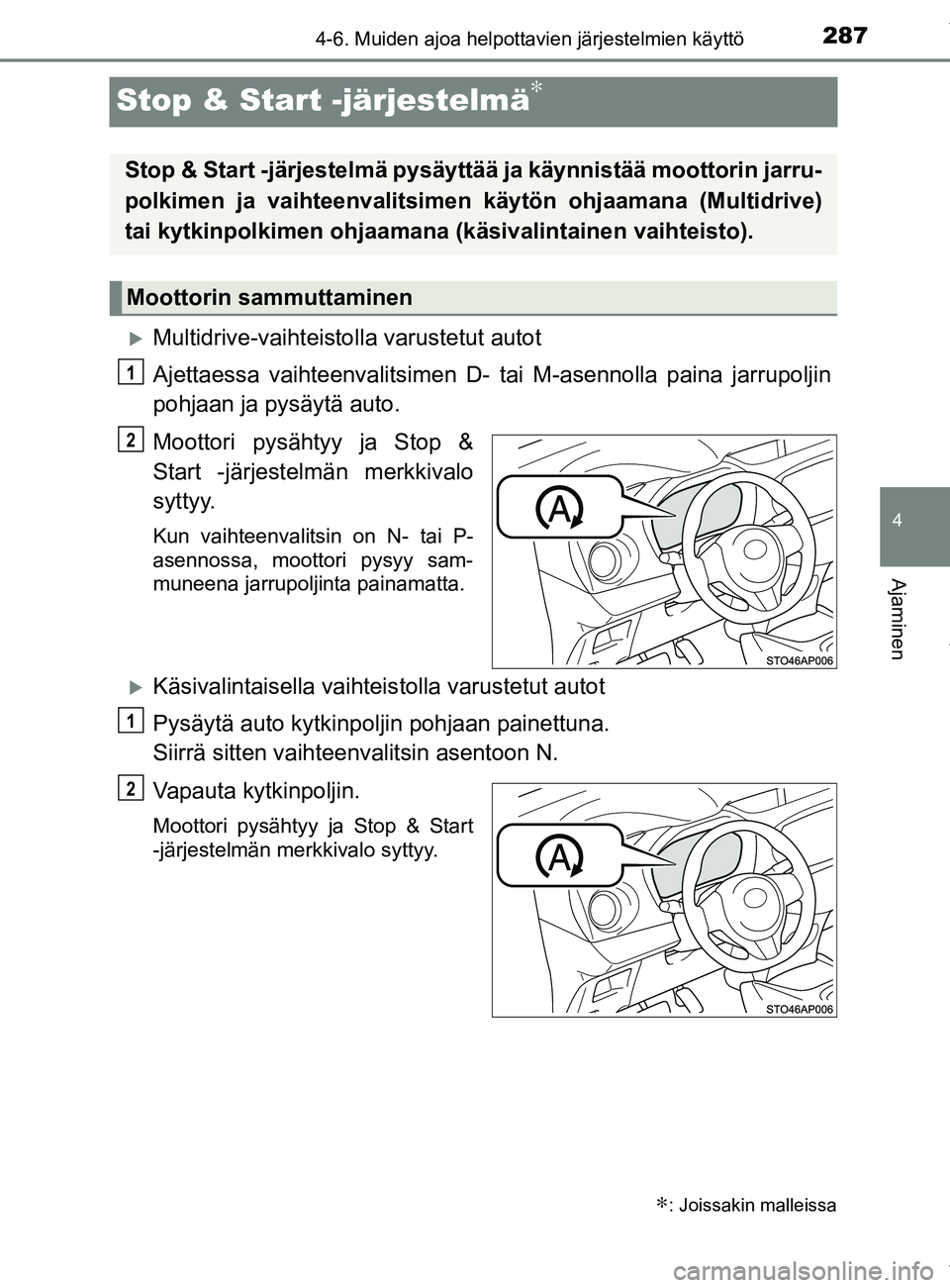TOYOTA YARIS 2020 Manual de utilização (in Portuguese) 287
4
4-6. Muiden ajoa helpottavien järjestelmien käyttö
Ajaminen
YARIS_F_OM_Europe_OM52A54FI
Stop & Start -järjestelmä∗
Multidrive-vaihteistolla varustetut autot
Ajettaessa vaihteenvalitsim TOYOTA YARIS 2020 Manual de utilização (in Portuguese) 287
4
4-6. Muiden ajoa helpottavien järjestelmien käyttö
Ajaminen
YARIS_F_OM_Europe_OM52A54FI
Stop & Start -järjestelmä∗
Multidrive-vaihteistolla varustetut autot
Ajettaessa vaihteenvalitsim