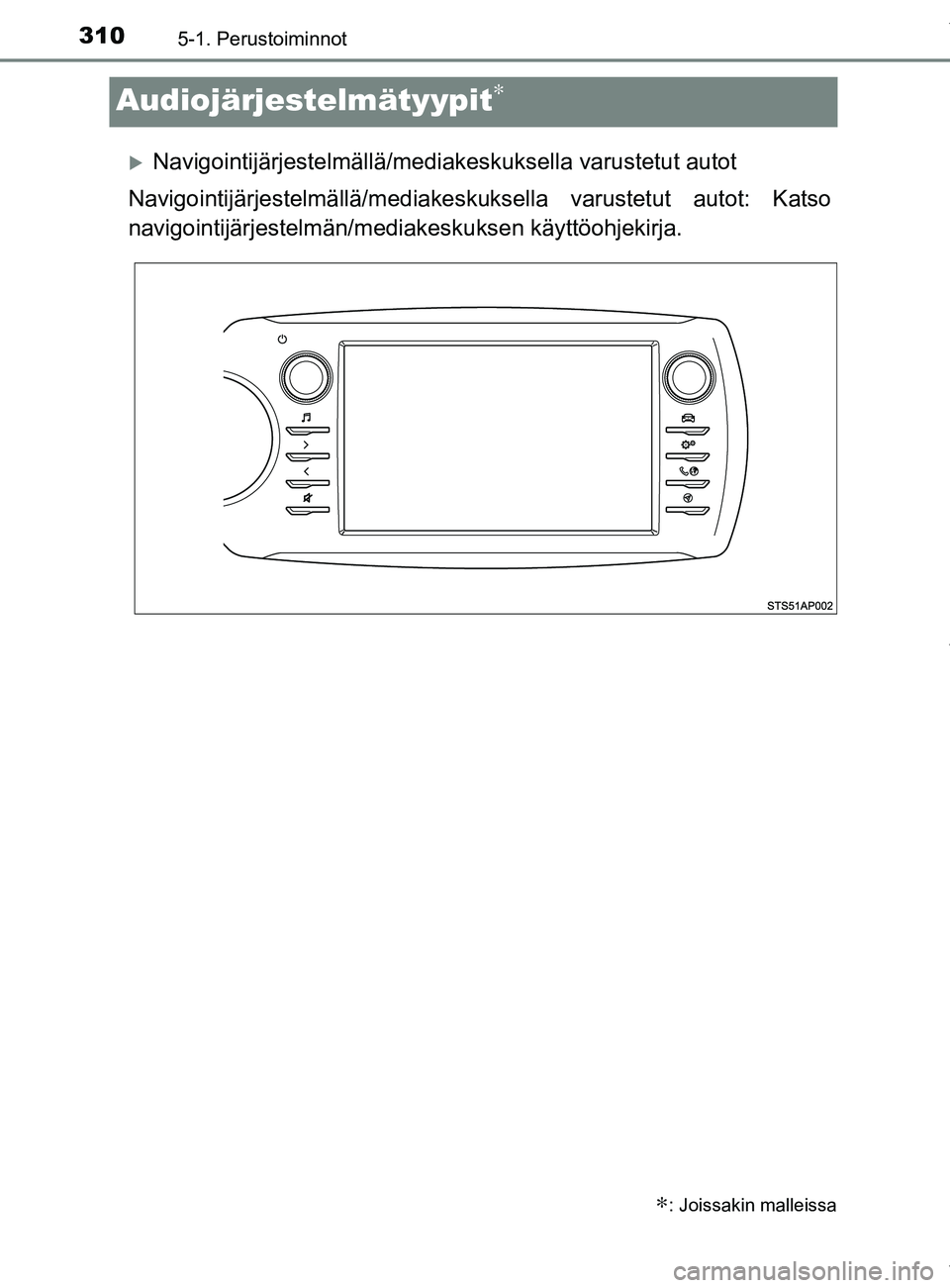 TOYOTA YARIS 2020 Manual de utilização (in Portuguese) 3105-1. Perustoiminnot
YARIS_F_OM_Europe_OM52A54FI
Audiojärjestelmätyypit∗
Navigointijärjestelmällä/mediakeskuksella varustetut autot
Navigointijärjestelmällä/mediakesku ksella varustetut TOYOTA YARIS 2020 Manual de utilização (in Portuguese) 3105-1. Perustoiminnot
YARIS_F_OM_Europe_OM52A54FI
Audiojärjestelmätyypit∗
Navigointijärjestelmällä/mediakeskuksella varustetut autot
Navigointijärjestelmällä/mediakesku ksella varustetut