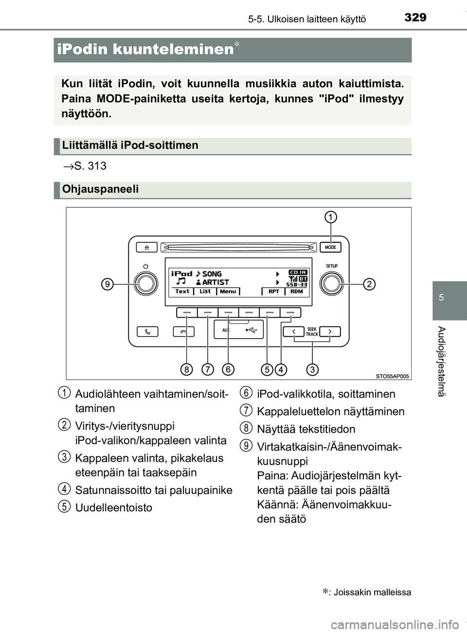 TOYOTA YARIS 2020 Manual de utilização (in Portuguese) 329
5
5-5. Ulkoisen laitteen käyttö
Audiojärjestelmä
YARIS_F_OM_Europe_OM52A54FI
iPodin kuunteleminen∗
→S. 313
∗: Joissakin malleissa
Kun liität iPodin, voit kuunnella musiikkia auton kaiu TOYOTA YARIS 2020 Manual de utilização (in Portuguese) 329
5
5-5. Ulkoisen laitteen käyttö
Audiojärjestelmä
YARIS_F_OM_Europe_OM52A54FI
iPodin kuunteleminen∗
→S. 313
∗: Joissakin malleissa
Kun liität iPodin, voit kuunnella musiikkia auton kaiu