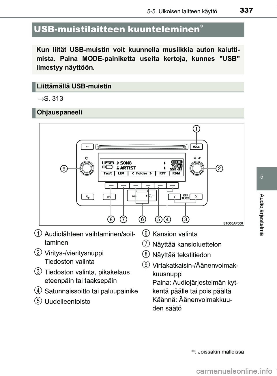 TOYOTA YARIS 2020 Manual de utilização (in Portuguese) 337
5
5-5. Ulkoisen laitteen käyttö
Audiojärjestelmä
YARIS_F_OM_Europe_OM52A54FI
USB-muistilaitteen kuunteleminen∗
→S. 313
∗: Joissakin malleissa
Kun liität USB-muistin voit kuunnella musii TOYOTA YARIS 2020 Manual de utilização (in Portuguese) 337
5
5-5. Ulkoisen laitteen käyttö
Audiojärjestelmä
YARIS_F_OM_Europe_OM52A54FI
USB-muistilaitteen kuunteleminen∗
→S. 313
∗: Joissakin malleissa
Kun liität USB-muistin voit kuunnella musii