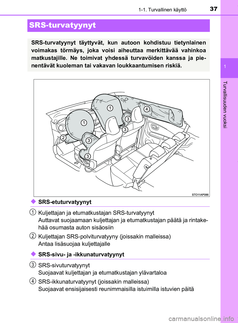 TOYOTA YARIS 2020 Manual de utilização (in Portuguese) 371-1. Turvallinen käyttö
1
Turvallisuuden vuoksi
YARIS_F_OM_Europe_OM52A54FI
SRS-turvatyynyt
uSRS-etuturvatyynyt
Kuljettajan ja etumatkustajan SRS-turvatyynyt
Auttavat suojaamaan kuljettajan ja etu TOYOTA YARIS 2020 Manual de utilização (in Portuguese) 371-1. Turvallinen käyttö
1
Turvallisuuden vuoksi
YARIS_F_OM_Europe_OM52A54FI
SRS-turvatyynyt
uSRS-etuturvatyynyt
Kuljettajan ja etumatkustajan SRS-turvatyynyt
Auttavat suojaamaan kuljettajan ja etu