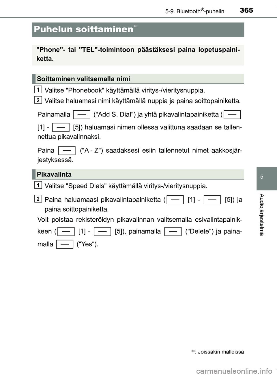 TOYOTA YARIS 2020 Manual de utilização (in Portuguese) 3655-9. Bluetooth®-puhelin
5
Audiojärjestelmä
YARIS_F_OM_Europe_OM52A54FI
Puhelun soittaminen∗
Valitse "Phonebook" käyttämällä viritys-/vieritysnuppia.
Valitse haluamasi nimi käyttämällä TOYOTA YARIS 2020 Manual de utilização (in Portuguese) 3655-9. Bluetooth®-puhelin
5
Audiojärjestelmä
YARIS_F_OM_Europe_OM52A54FI
Puhelun soittaminen∗
Valitse "Phonebook" käyttämällä viritys-/vieritysnuppia.
Valitse haluamasi nimi käyttämällä