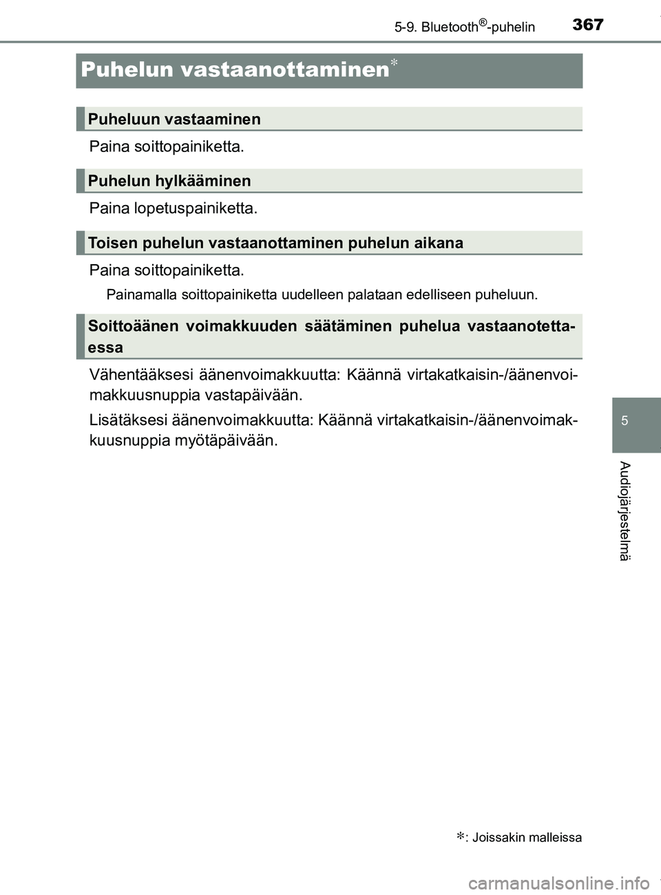TOYOTA YARIS 2020 Manual de utilização (in Portuguese) 3675-9. Bluetooth®-puhelin
5
Audiojärjestelmä
YARIS_F_OM_Europe_OM52A54FI
Puhelun vastaanottaminen∗
Paina soittopainiketta.
Paina lopetuspainiketta.
Paina soitto painiketta.
Painamalla soittopain TOYOTA YARIS 2020 Manual de utilização (in Portuguese) 3675-9. Bluetooth®-puhelin
5
Audiojärjestelmä
YARIS_F_OM_Europe_OM52A54FI
Puhelun vastaanottaminen∗
Paina soittopainiketta.
Paina lopetuspainiketta.
Paina soitto painiketta.
Painamalla soittopain