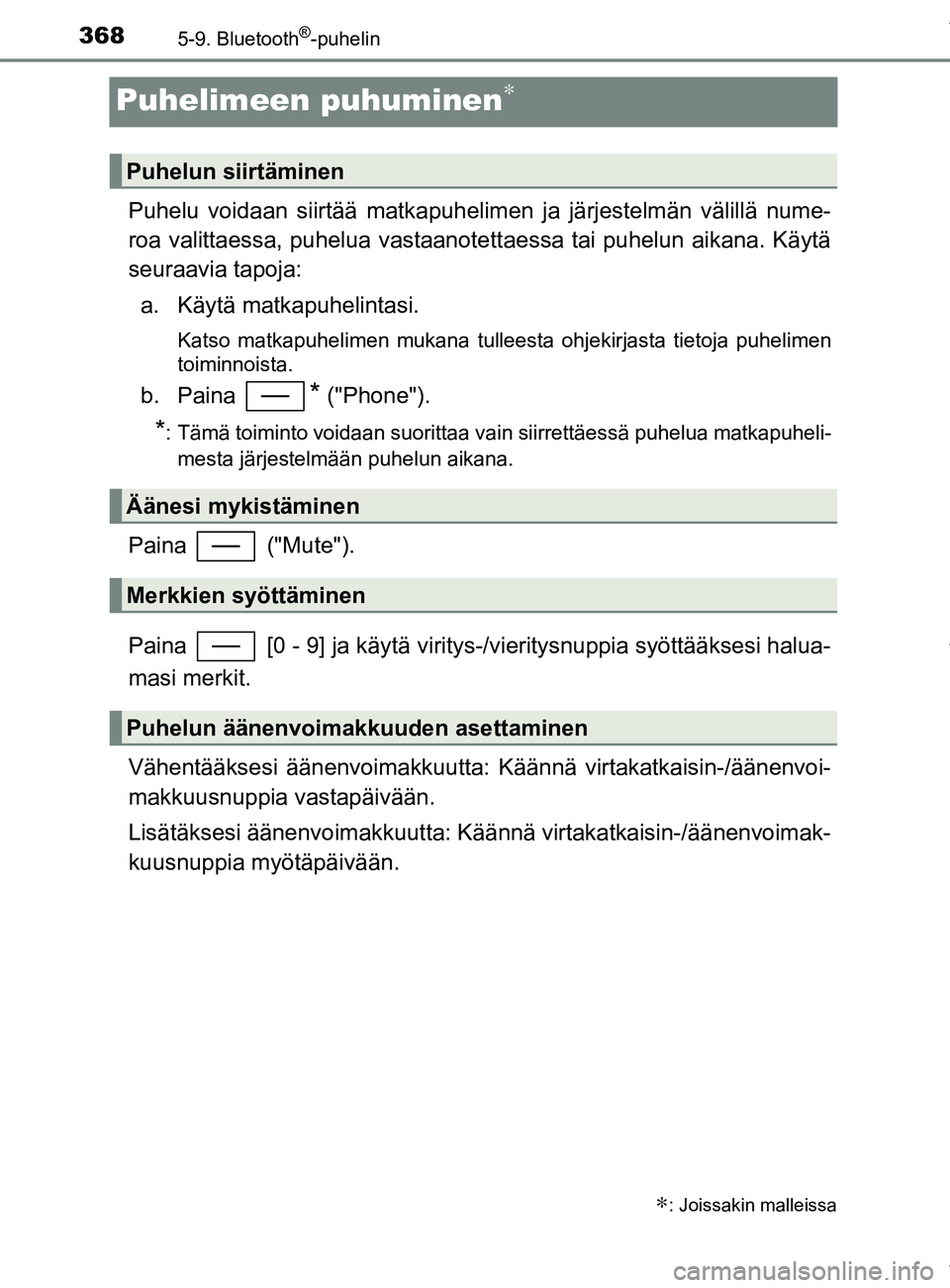 TOYOTA YARIS 2020 Manual de utilização (in Portuguese) 3685-9. Bluetooth®-puhelin
YARIS_F_OM_Europe_OM52A54FI
Puhelimeen puhuminen∗
Puhelu voidaan siirtää matkapuhelimen ja järjestelmän välillä nume-
roa valittaessa, puhelua vastaanotett aessa ta TOYOTA YARIS 2020 Manual de utilização (in Portuguese) 3685-9. Bluetooth®-puhelin
YARIS_F_OM_Europe_OM52A54FI
Puhelimeen puhuminen∗
Puhelu voidaan siirtää matkapuhelimen ja järjestelmän välillä nume-
roa valittaessa, puhelua vastaanotett aessa ta