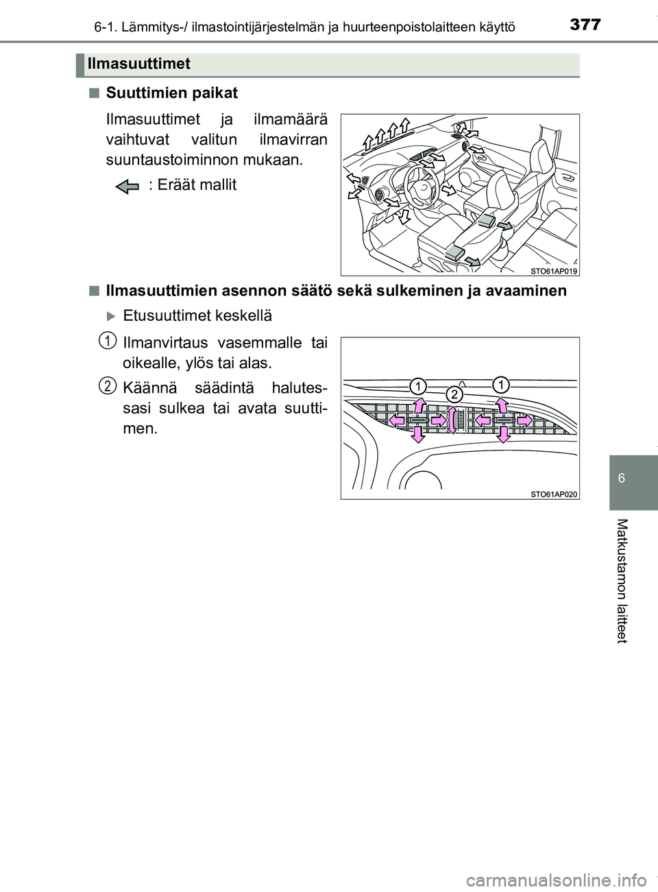 TOYOTA YARIS 2020  Manual de utilização (in Portuguese) 3776-1. Lämmitys-/ ilmastointijärjestelmän ja huurteenpoistolaitteen käyttö
6
Matkustamon laitteet
YARIS_F_OM_Europe_OM52A54FIn
Suuttimien paikat
Ilmasuuttimet ja ilmamäärä
vaihtuvat valitun i