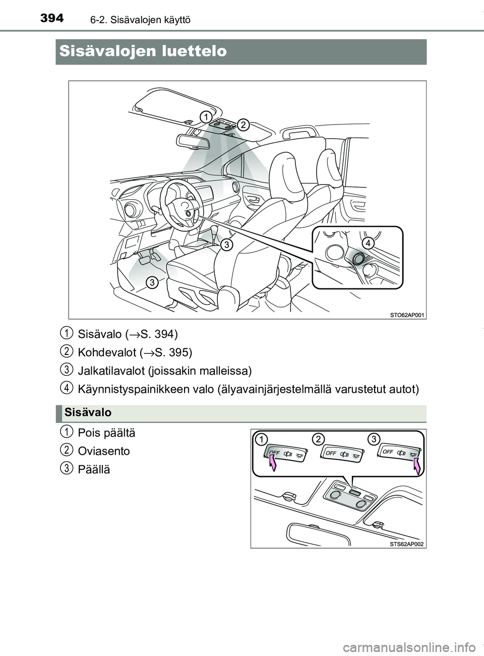 TOYOTA YARIS 2020 Manual de utilização (in Portuguese) 3946-2. Sisävalojen käyttö
YARIS_F_OM_Europe_OM52A54FI
Sisävalojen luettelo
Pois päältä
Oviasento
Päällä
Sisävalo (→S. 394)
Kohdevalot ( →S. 395)
Jalkatilavalot (joi ssakin malleissa)
K TOYOTA YARIS 2020 Manual de utilização (in Portuguese) 3946-2. Sisävalojen käyttö
YARIS_F_OM_Europe_OM52A54FI
Sisävalojen luettelo
Pois päältä
Oviasento
Päällä
Sisävalo (→S. 394)
Kohdevalot ( →S. 395)
Jalkatilavalot (joi ssakin malleissa)
K