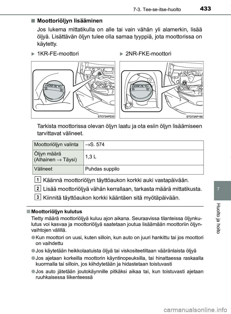 TOYOTA YARIS 2020 Manual de utilização (in Portuguese) 4337-3. Tee-se-itse-huolto
7
Huolto ja hoito
YARIS_F_OM_Europe_OM52A54FIn
Moottoriöljyn lisääminen
Jos lukema mittatikulla on alle ta
i vain vähän yli alamerkin, lisää
öljyä. Lisättävän ö TOYOTA YARIS 2020 Manual de utilização (in Portuguese) 4337-3. Tee-se-itse-huolto
7
Huolto ja hoito
YARIS_F_OM_Europe_OM52A54FIn
Moottoriöljyn lisääminen
Jos lukema mittatikulla on alle ta
i vain vähän yli alamerkin, lisää
öljyä. Lisättävän ö