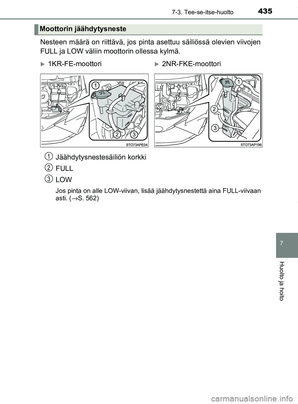 TOYOTA YARIS 2020 Manual de utilização (in Portuguese) 4357-3. Tee-se-itse-huolto
7
Huolto ja hoito
YARIS_F_OM_Europe_OM52A54FI
Nesteen määrä on riittävä, jos pinta asettuu säiliössä olevien viivojen
FULL ja LOW väliin moottorin ollessa kylmä.J TOYOTA YARIS 2020 Manual de utilização (in Portuguese) 4357-3. Tee-se-itse-huolto
7
Huolto ja hoito
YARIS_F_OM_Europe_OM52A54FI
Nesteen määrä on riittävä, jos pinta asettuu säiliössä olevien viivojen
FULL ja LOW väliin moottorin ollessa kylmä.J