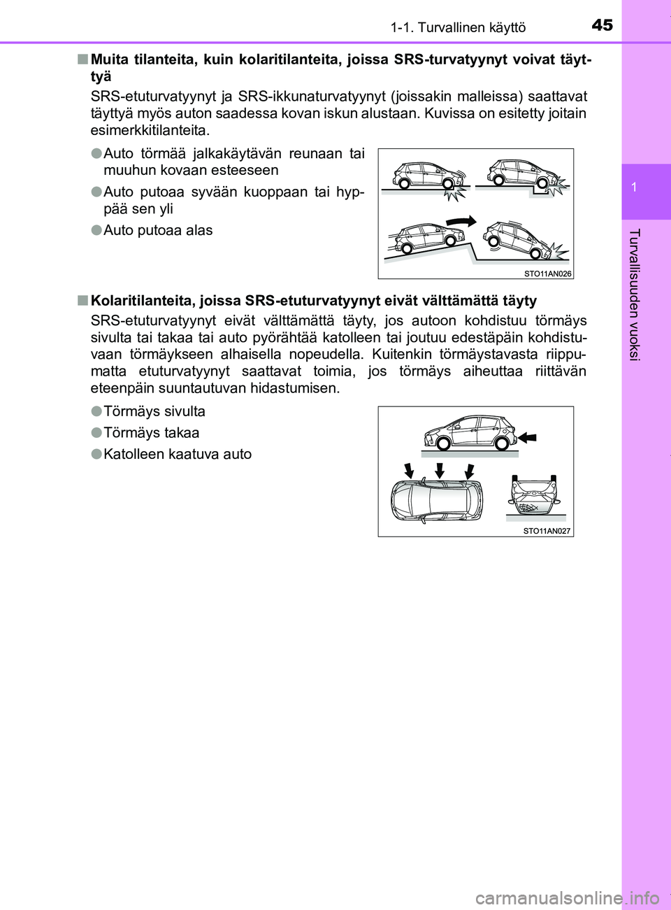 TOYOTA YARIS 2020 Manual de utilização (in Portuguese) 451-1. Turvallinen käyttö
1
Turvallisuuden vuoksi
YARIS_F_OM_Europe_OM52A54FIn
Muita tilanteita, kuin kolaritilanteita, joissa SRS-turvatyyn yt voivat täyt-
tyä
SRS-etuturvatyynyt ja SRS-ikkunatur TOYOTA YARIS 2020 Manual de utilização (in Portuguese) 451-1. Turvallinen käyttö
1
Turvallisuuden vuoksi
YARIS_F_OM_Europe_OM52A54FIn
Muita tilanteita, kuin kolaritilanteita, joissa SRS-turvatyyn yt voivat täyt-
tyä
SRS-etuturvatyynyt ja SRS-ikkunatur