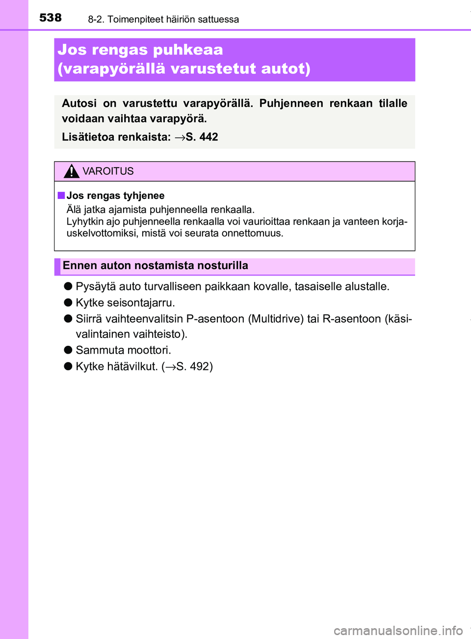 TOYOTA YARIS 2020 Manual de utilização (in Portuguese) 5388-2. Toimenpiteet häiriön sattuessa
YARIS_F_OM_Europe_OM52A54FI
Jos rengas puhkeaa
(varapyörällä varustetut autot)
lPysäytä auto turvalliseen paikkaa n kovalle, tasaiselle alustalle.
l Kytk TOYOTA YARIS 2020 Manual de utilização (in Portuguese) 5388-2. Toimenpiteet häiriön sattuessa
YARIS_F_OM_Europe_OM52A54FI
Jos rengas puhkeaa
(varapyörällä varustetut autot)
lPysäytä auto turvalliseen paikkaa n kovalle, tasaiselle alustalle.
l Kytk