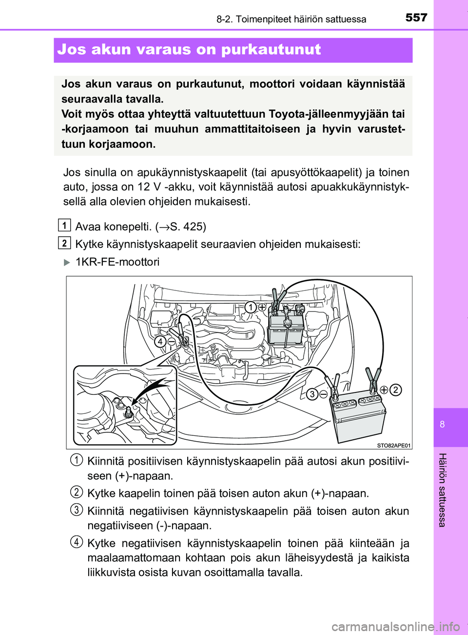 TOYOTA YARIS 2020 Manual de utilização (in Portuguese) 5578-2. Toimenpiteet häiriön sattuessa
8
Häiriön sattuessa
YARIS_F_OM_Europe_OM52A54FI
Jos akun varaus on purkautunut
Jos sinulla on apukäynnistyskaapelit (tai apusyöttökaapelit) ja toinen
aut TOYOTA YARIS 2020 Manual de utilização (in Portuguese) 5578-2. Toimenpiteet häiriön sattuessa
8
Häiriön sattuessa
YARIS_F_OM_Europe_OM52A54FI
Jos akun varaus on purkautunut
Jos sinulla on apukäynnistyskaapelit (tai apusyöttökaapelit) ja toinen
aut