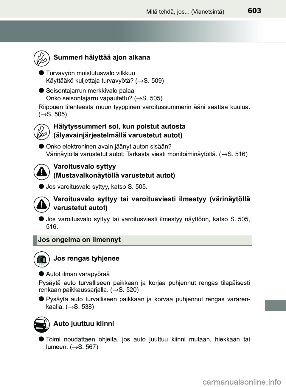 TOYOTA YARIS 2020 Manual de utilização (in Portuguese) 603Mitä tehdä, jos... (Vianetsintä)
YARIS_F_OM_Europe_OM52A54FI
lTurvavyön muistutusvalo vilkkuu
Käyttääkö kuljettaja turvavyötä? (→S. 509)
lSeisontajarrun merkkivalo palaa
Onko seisonta TOYOTA YARIS 2020 Manual de utilização (in Portuguese) 603Mitä tehdä, jos... (Vianetsintä)
YARIS_F_OM_Europe_OM52A54FI
lTurvavyön muistutusvalo vilkkuu
Käyttääkö kuljettaja turvavyötä? (→S. 509)
lSeisontajarrun merkkivalo palaa
Onko seisonta
