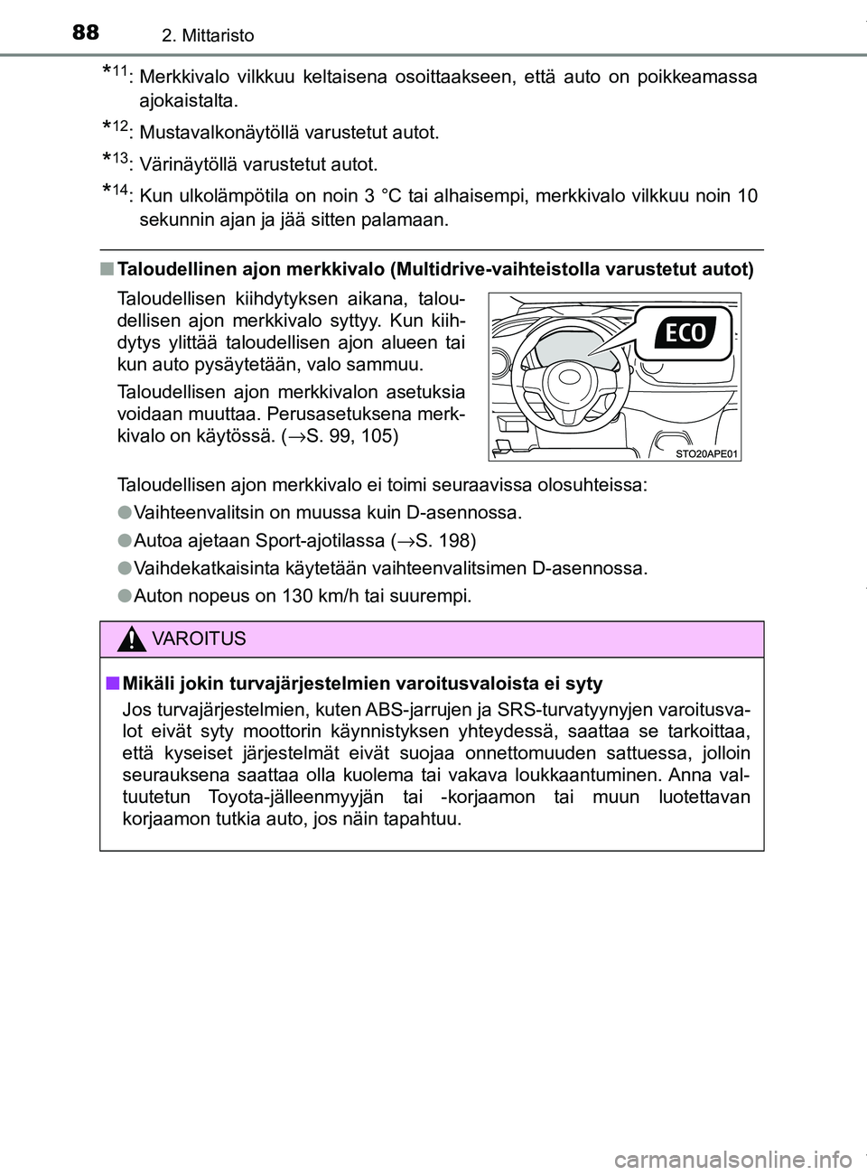 TOYOTA YARIS 2020 Manual de utilização (in Portuguese) 882. Mittaristo
YARIS_F_OM_Europe_OM52A54FI
*11: Merkkivalo vilkkuu keltaisena osoittaakseen, että auto on poikkeamassaajokaistalta.
*12: Mustavalkonäytöllä varustetut autot.
*13: Värinäytöllä TOYOTA YARIS 2020 Manual de utilização (in Portuguese) 882. Mittaristo
YARIS_F_OM_Europe_OM52A54FI
*11: Merkkivalo vilkkuu keltaisena osoittaakseen, että auto on poikkeamassaajokaistalta.
*12: Mustavalkonäytöllä varustetut autot.
*13: Värinäytöllä