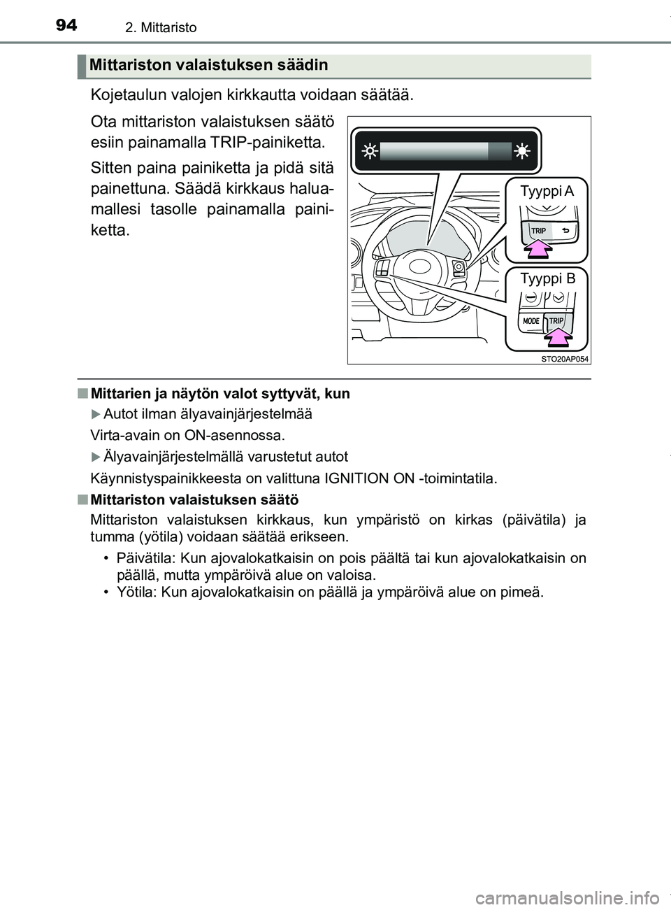 TOYOTA YARIS 2020 Manual de utilização (in Portuguese) 942. Mittaristo
YARIS_F_OM_Europe_OM52A54FI
Kojetaulun valojen kirkkautta voidaan säätää.
Ota mittariston valaistuksen säätö
esiin painamalla TRIP-painiketta.
Sitten paina painiketta ja pidä s TOYOTA YARIS 2020 Manual de utilização (in Portuguese) 942. Mittaristo
YARIS_F_OM_Europe_OM52A54FI
Kojetaulun valojen kirkkautta voidaan säätää.
Ota mittariston valaistuksen säätö
esiin painamalla TRIP-painiketta.
Sitten paina painiketta ja pidä s