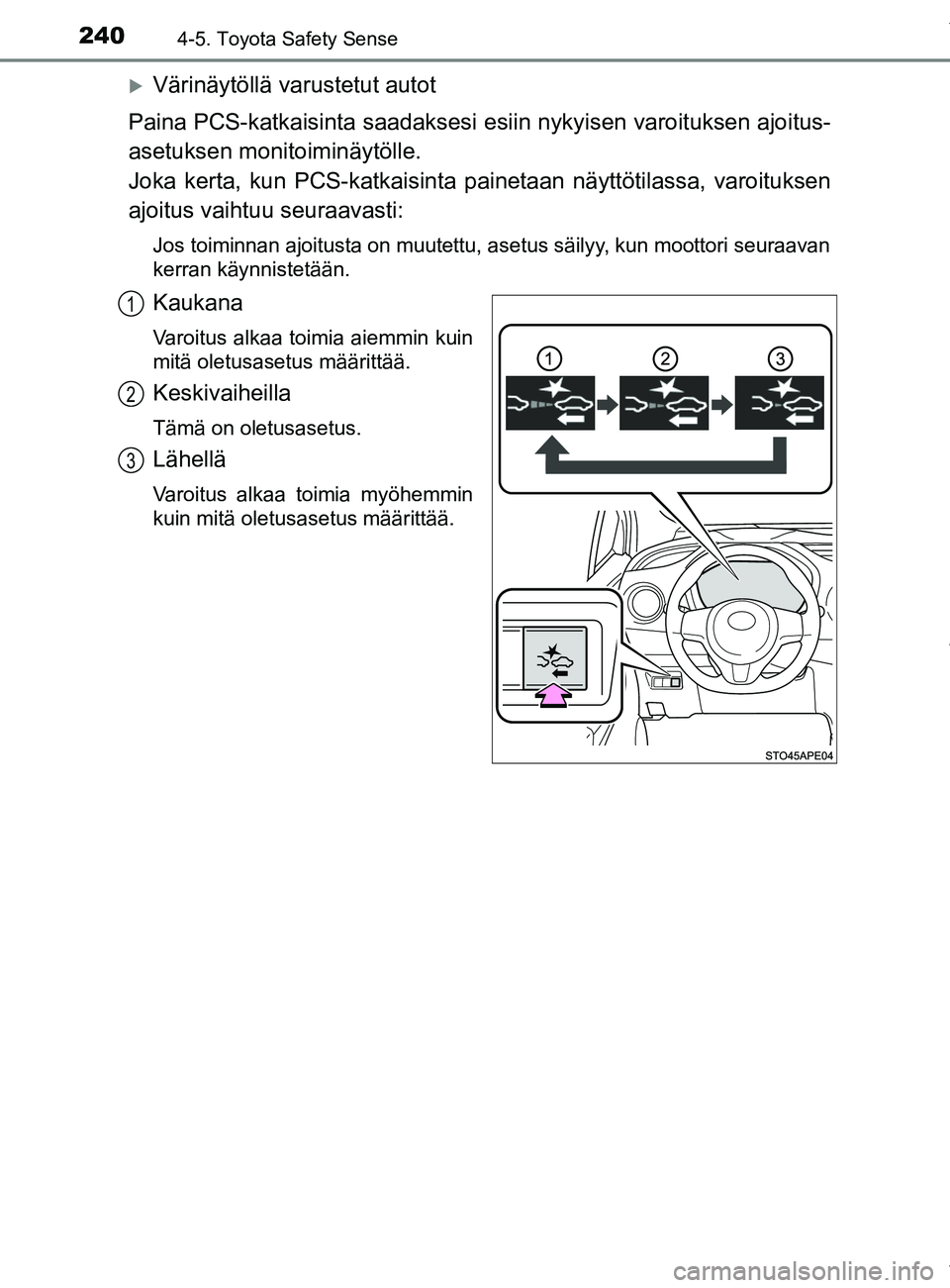TOYOTA YARIS 2020 Omistajan Käsikirja (in Finnish) 2404-5. Toyota Safety Sense
YARIS_F_OM_Europe_OM52A54FI
Värinäytöllä varustetut autot
Paina PCS-katkaisinta saadaksesi esiin nykyisen varoituksen ajoitus-
asetuksen monitoiminäytölle.
Joka k TOYOTA YARIS 2020 Omistajan Käsikirja (in Finnish) 2404-5. Toyota Safety Sense
YARIS_F_OM_Europe_OM52A54FI
Värinäytöllä varustetut autot
Paina PCS-katkaisinta saadaksesi esiin nykyisen varoituksen ajoitus-
asetuksen monitoiminäytölle.
Joka k