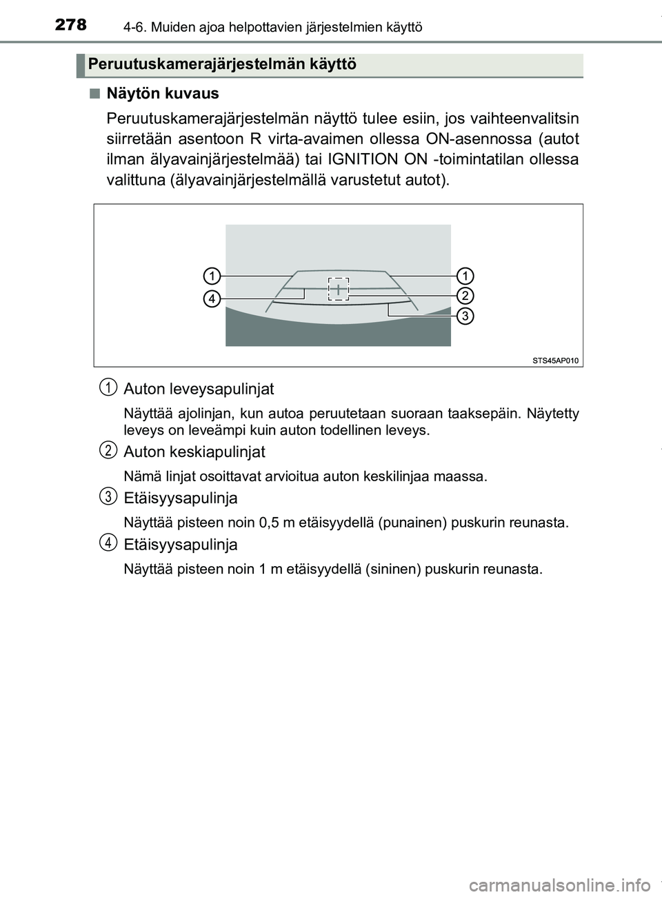 TOYOTA YARIS 2020 Omistajan Käsikirja (in Finnish) 2784-6. Muiden ajoa helpottavien järjestelmien käyttö
YARIS_F_OM_Europe_OM52A54FIn
Näytön kuvaus
Peruutuskamerajärjestelmän näyttö
tulee esiin, jos vaihteenvalitsin
siirretään asentoon R v TOYOTA YARIS 2020 Omistajan Käsikirja (in Finnish) 2784-6. Muiden ajoa helpottavien järjestelmien käyttö
YARIS_F_OM_Europe_OM52A54FIn
Näytön kuvaus
Peruutuskamerajärjestelmän näyttö
tulee esiin, jos vaihteenvalitsin
siirretään asentoon R v