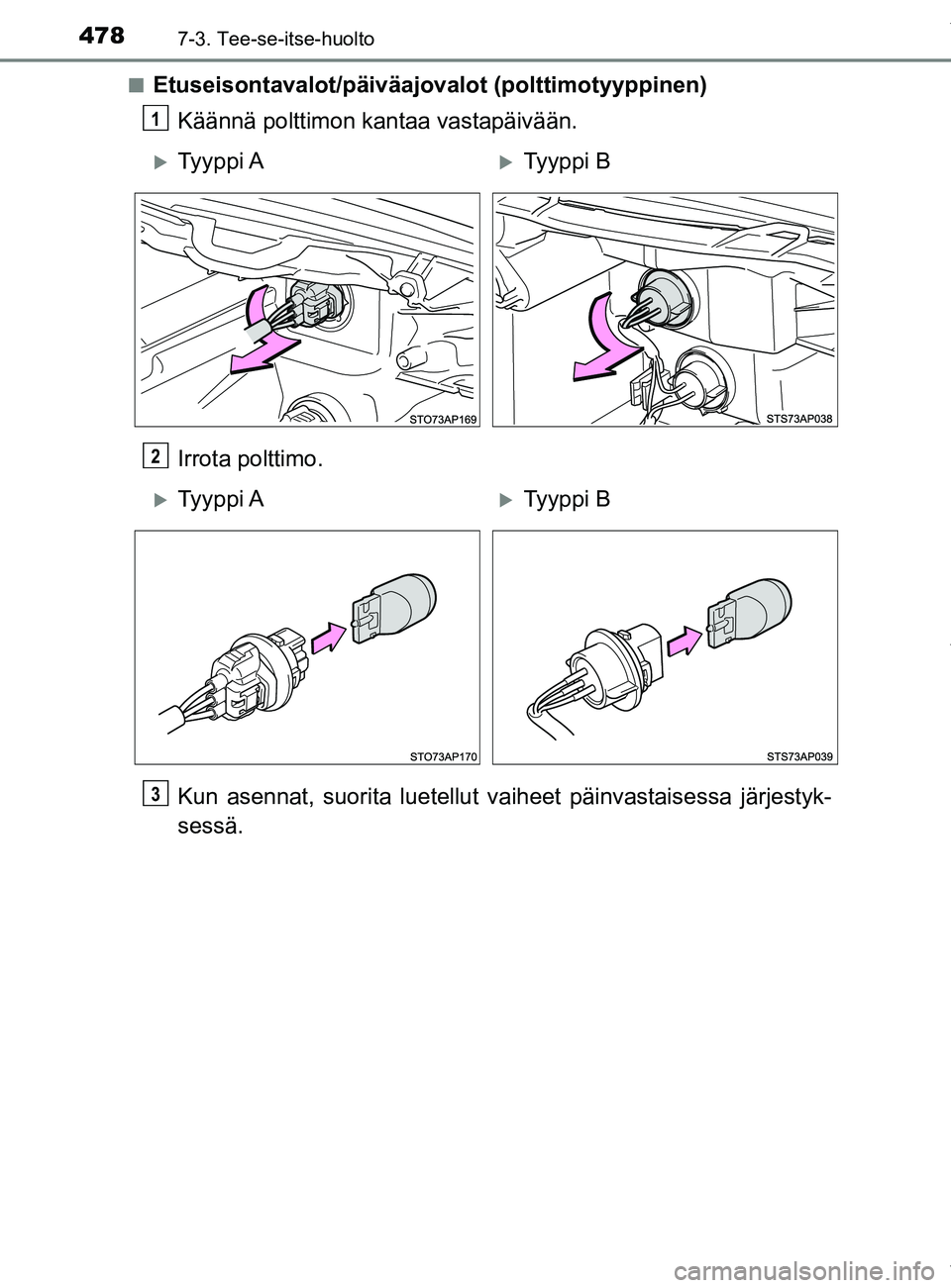 TOYOTA YARIS 2020  Omistajan Käsikirja (in Finnish) 4787-3. Tee-se-itse-huolto
YARIS_F_OM_Europe_OM52A54FIn
Etuseisontavalot/päiväajovalot (polttimotyyppinen)
Käännä polttimon kantaa vastapäivään.
Irrota polttimo.
Kun asennat, suorita luetellut