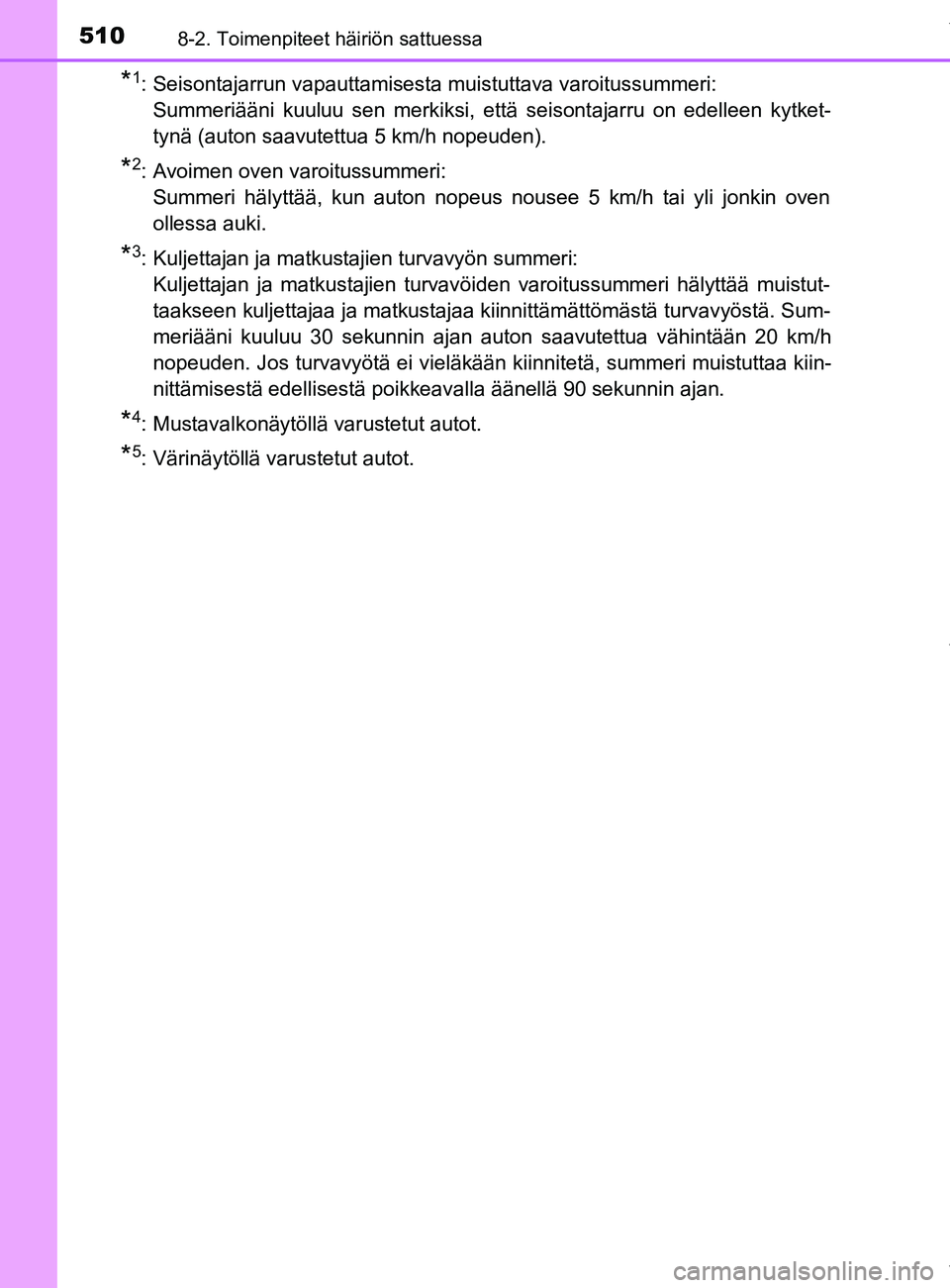 TOYOTA YARIS 2020 Omistajan Käsikirja (in Finnish) 5108-2. Toimenpiteet häiriön sattuessa
YARIS_F_OM_Europe_OM52A54FI
*1: Seisontajarrun vapauttamisesta muistuttava varoitussummeri: Summeriääni kuuluu sen merkiksi, että seisontajarru on edelleen TOYOTA YARIS 2020 Omistajan Käsikirja (in Finnish) 5108-2. Toimenpiteet häiriön sattuessa
YARIS_F_OM_Europe_OM52A54FI
*1: Seisontajarrun vapauttamisesta muistuttava varoitussummeri: Summeriääni kuuluu sen merkiksi, että seisontajarru on edelleen