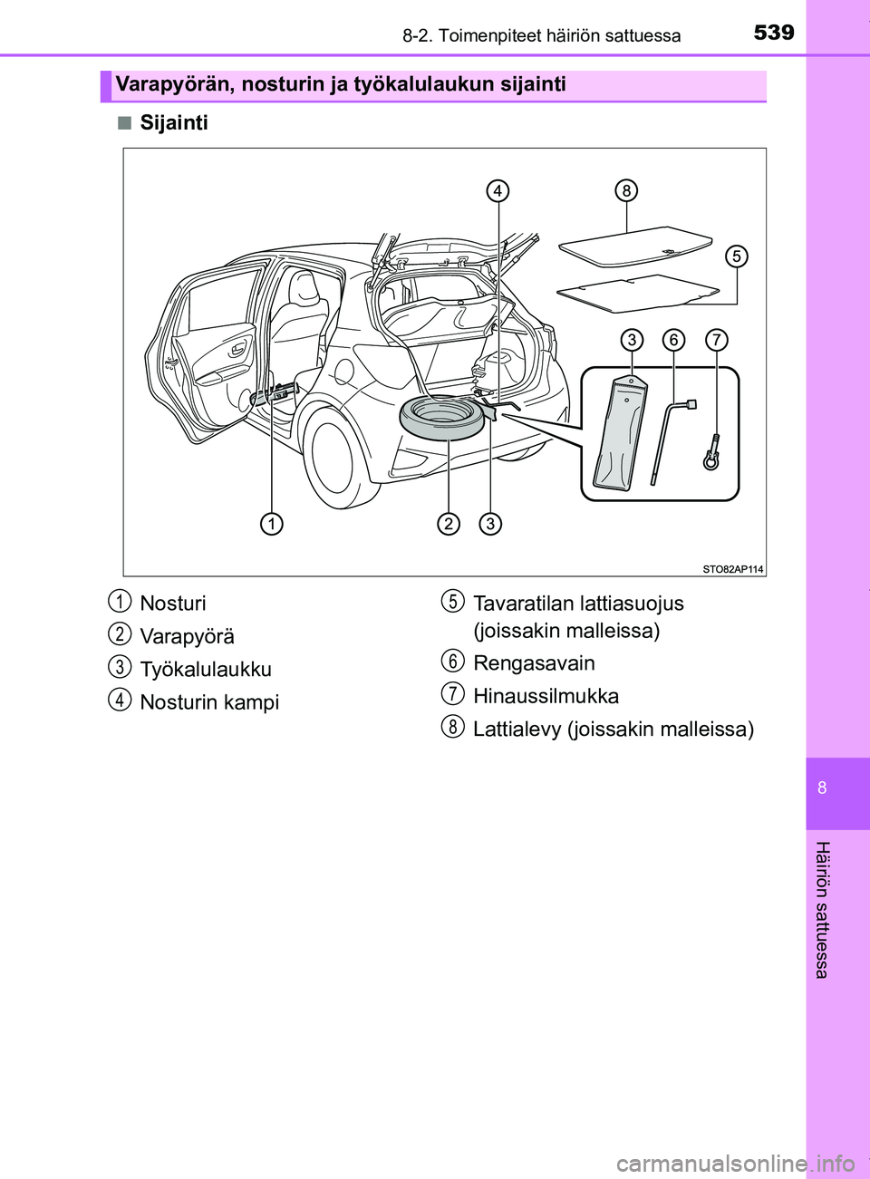 TOYOTA YARIS 2020 Omistajan Käsikirja (in Finnish) 5398-2. Toimenpiteet häiriön sattuessa
8
Häiriön sattuessa
YARIS_F_OM_Europe_OM52A54FIn
Sijainti
Varapyörän, nosturin ja työkalulaukun sijainti
Nosturi
Varapyörä
Työkalulaukku
Nosturin kampi TOYOTA YARIS 2020 Omistajan Käsikirja (in Finnish) 5398-2. Toimenpiteet häiriön sattuessa
8
Häiriön sattuessa
YARIS_F_OM_Europe_OM52A54FIn
Sijainti
Varapyörän, nosturin ja työkalulaukun sijainti
Nosturi
Varapyörä
Työkalulaukku
Nosturin kampi