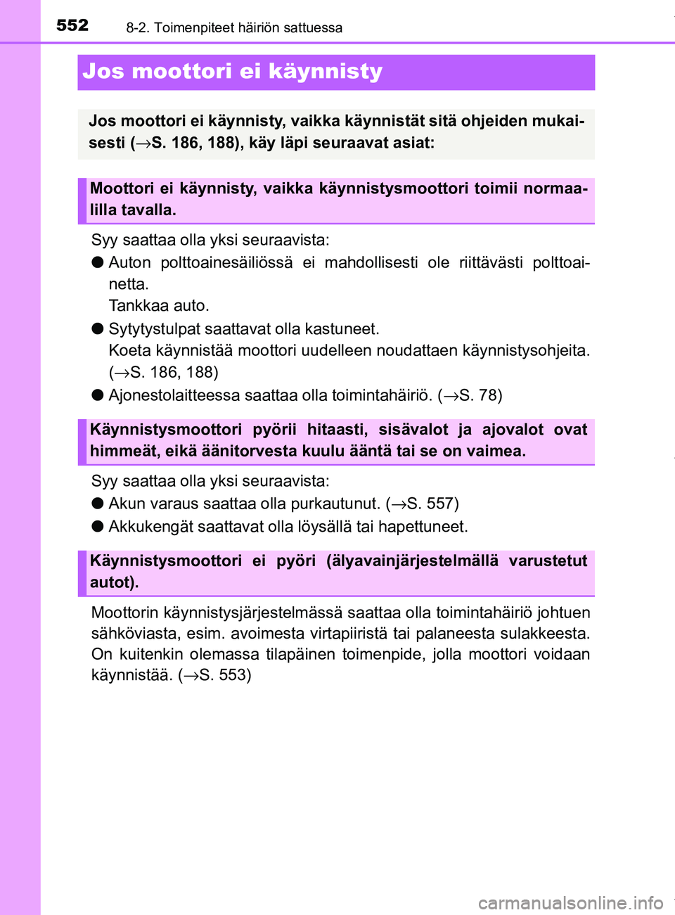 TOYOTA YARIS 2020 Omistajan Käsikirja (in Finnish) 5528-2. Toimenpiteet häiriön sattuessa
YARIS_F_OM_Europe_OM52A54FI
Jos moottori ei käynnisty
Syy saattaa olla yksi seuraavista:
lAuton polttoainesäiliössä ei mahdollisesti ole riittävästi polt TOYOTA YARIS 2020 Omistajan Käsikirja (in Finnish) 5528-2. Toimenpiteet häiriön sattuessa
YARIS_F_OM_Europe_OM52A54FI
Jos moottori ei käynnisty
Syy saattaa olla yksi seuraavista:
lAuton polttoainesäiliössä ei mahdollisesti ole riittävästi polt