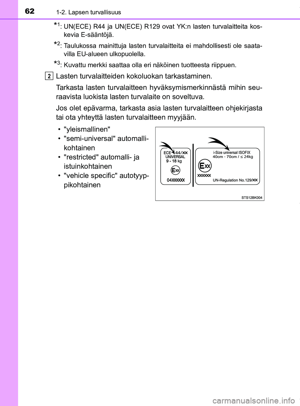 TOYOTA YARIS 2020 Omistajan Käsikirja (in Finnish) 621-2. Lapsen turvallisuus
YARIS_F_OM_Europe_OM52A54FI
*1: UN(ECE) R44 ja UN(ECE) R129 ovat YK:n lasten turvalaitteita kos-
kevia E-sääntöjä.
*2: Taulukossa mainittuja lasten turvalaitteita ei mah TOYOTA YARIS 2020 Omistajan Käsikirja (in Finnish) 621-2. Lapsen turvallisuus
YARIS_F_OM_Europe_OM52A54FI
*1: UN(ECE) R44 ja UN(ECE) R129 ovat YK:n lasten turvalaitteita kos-
kevia E-sääntöjä.
*2: Taulukossa mainittuja lasten turvalaitteita ei mah